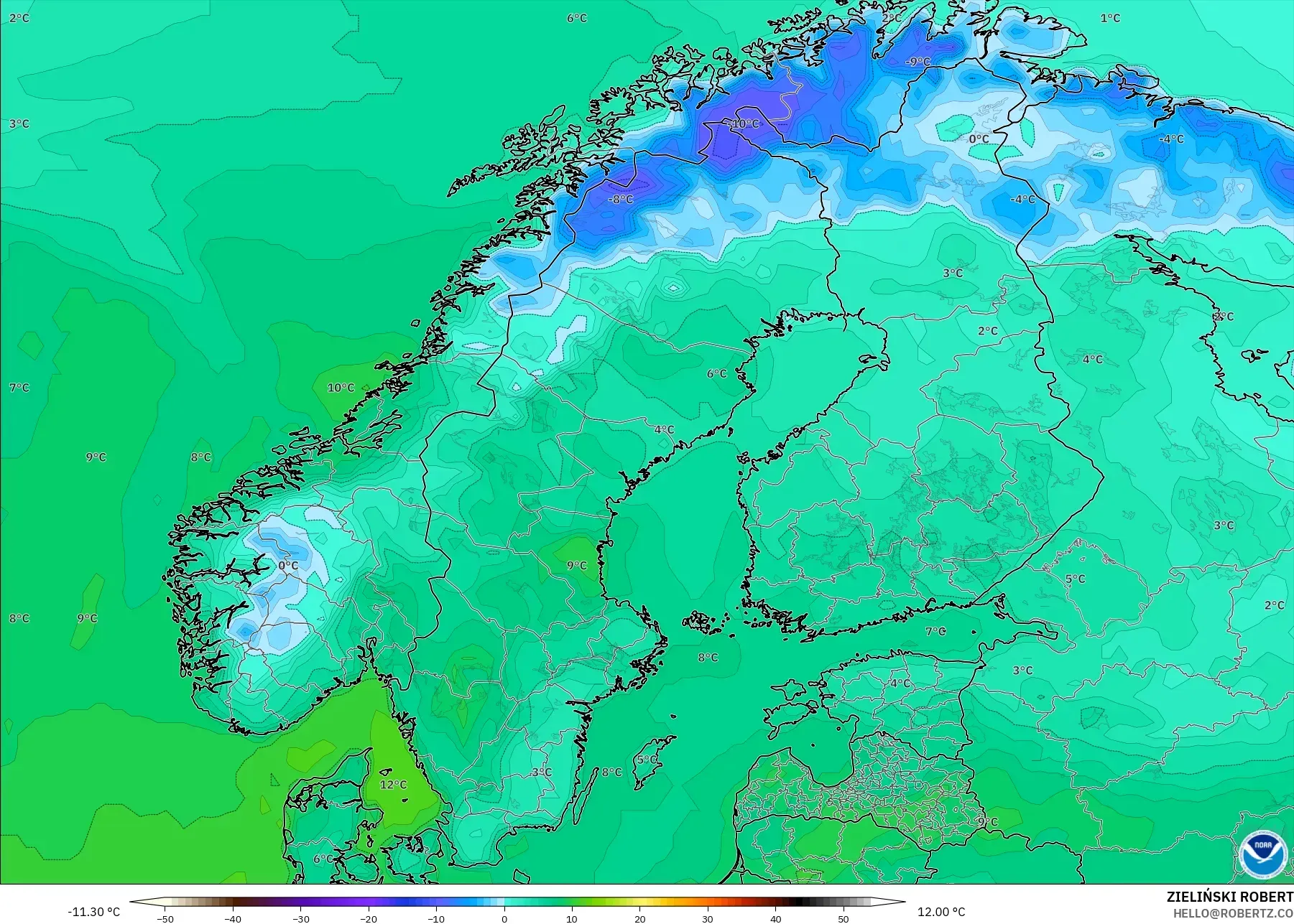 GFS modelo - Escandinavia, Temperatura a 2 m