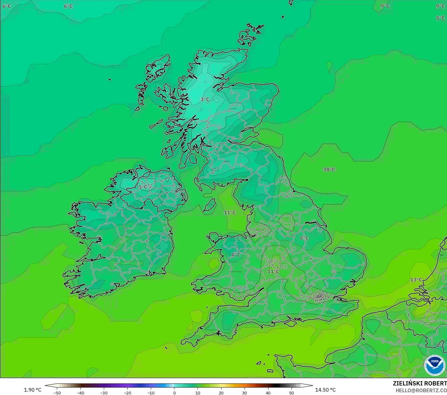 GFS modelo - Reino Unido, Temperatura a 2 m