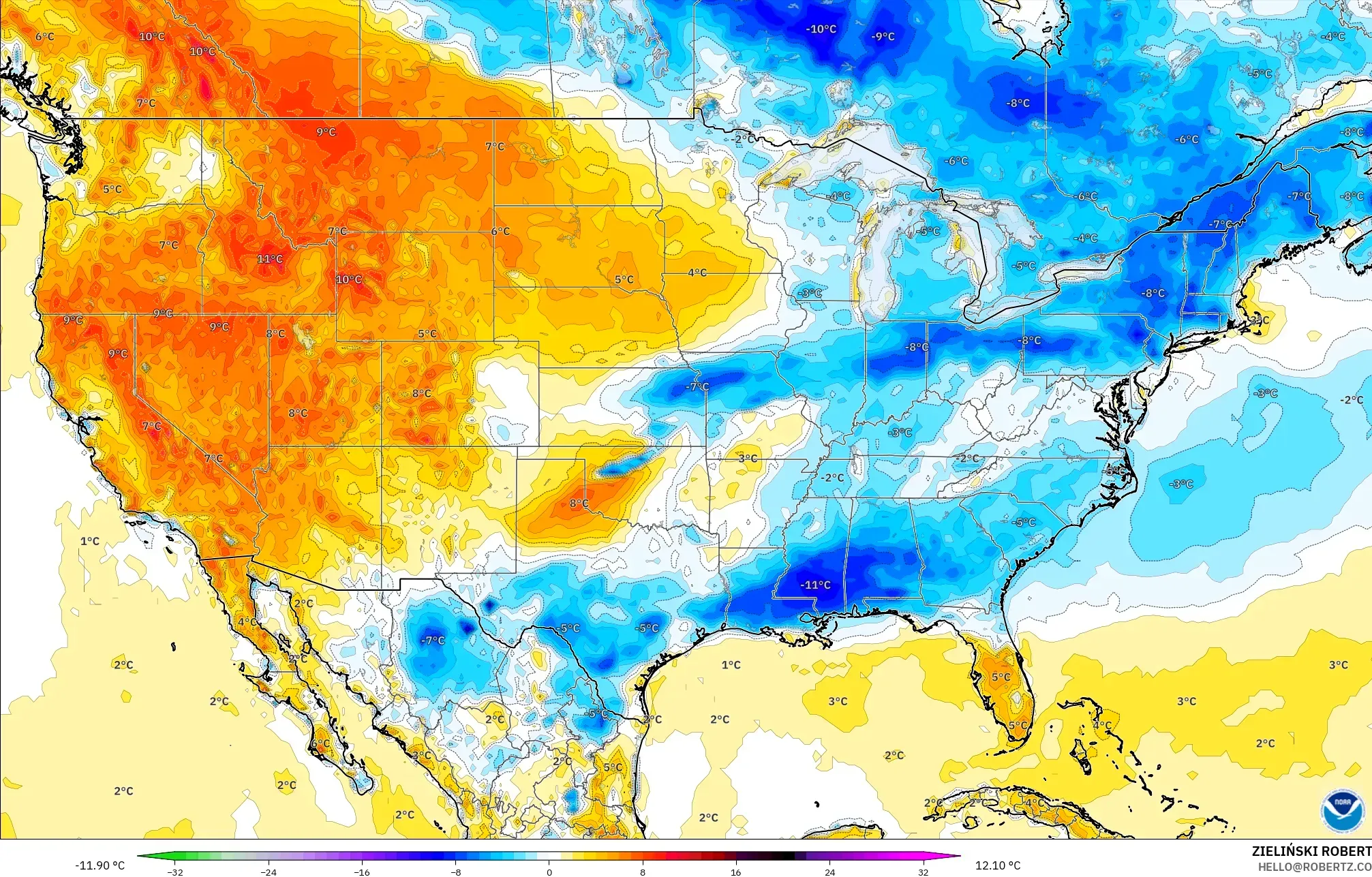GFS modelo - Estados Unidos, Anomalía de temperatura a 2 m