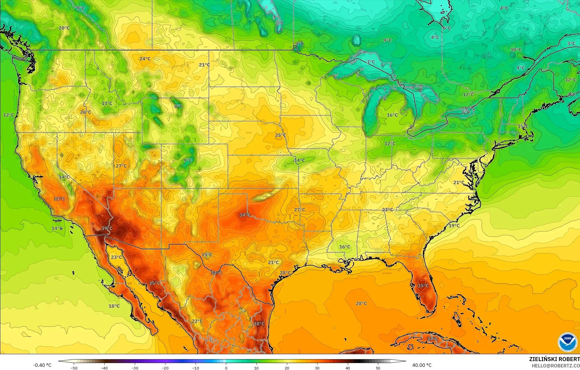 GFS modelo - Estados Unidos, Temperatura a 2 m