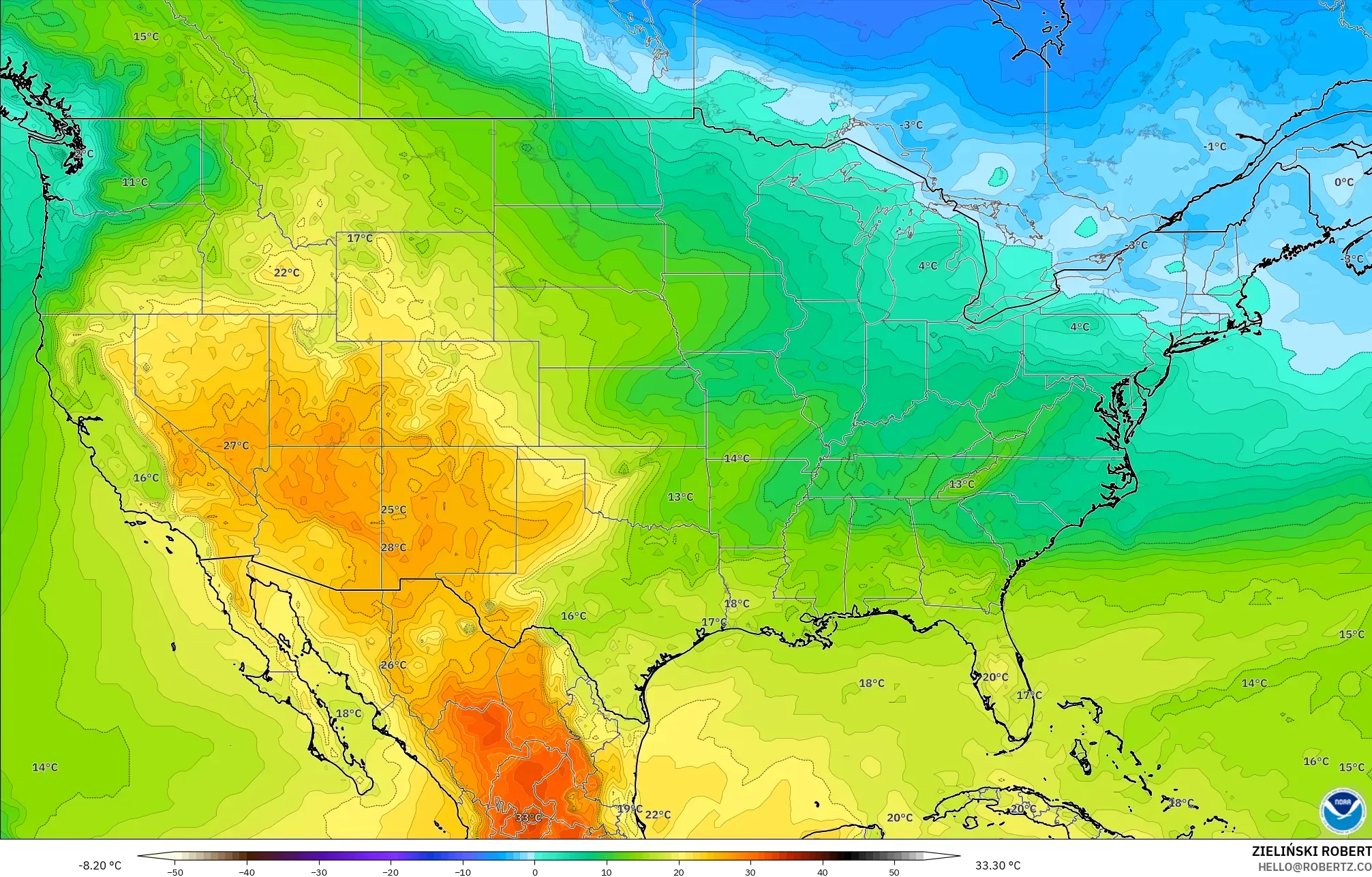GFS modelo - Estados Unidos, Temperatura a 850 hPa