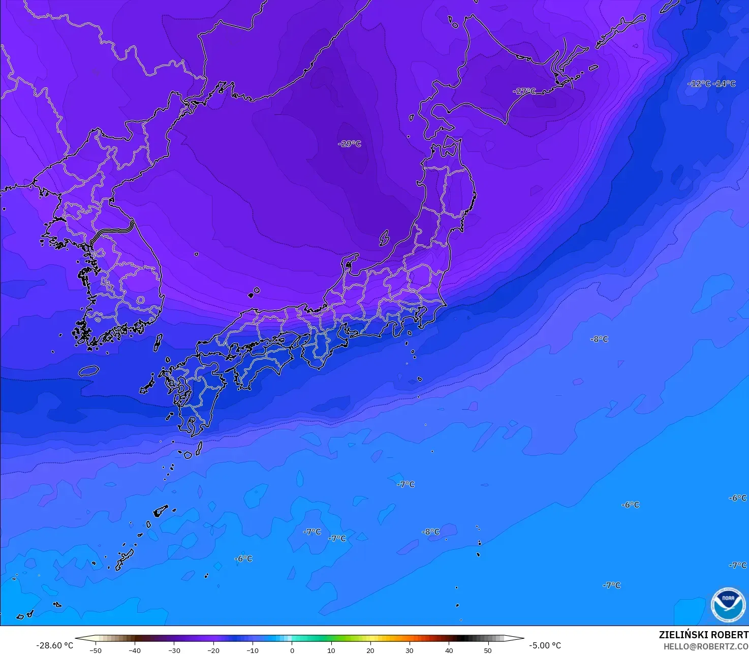 GFS modelo - Japón, Temperatura a 500 hPa