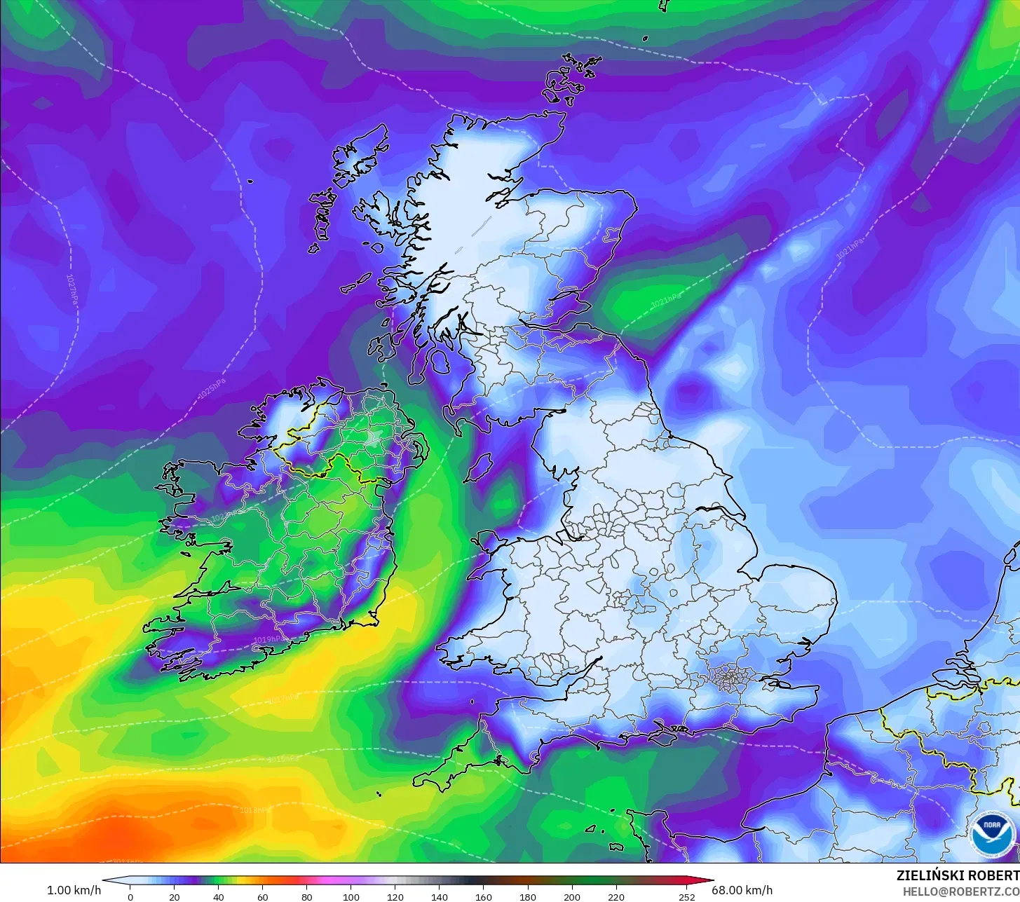 GFS modelo - Reino Unido, Ráfagas de viento