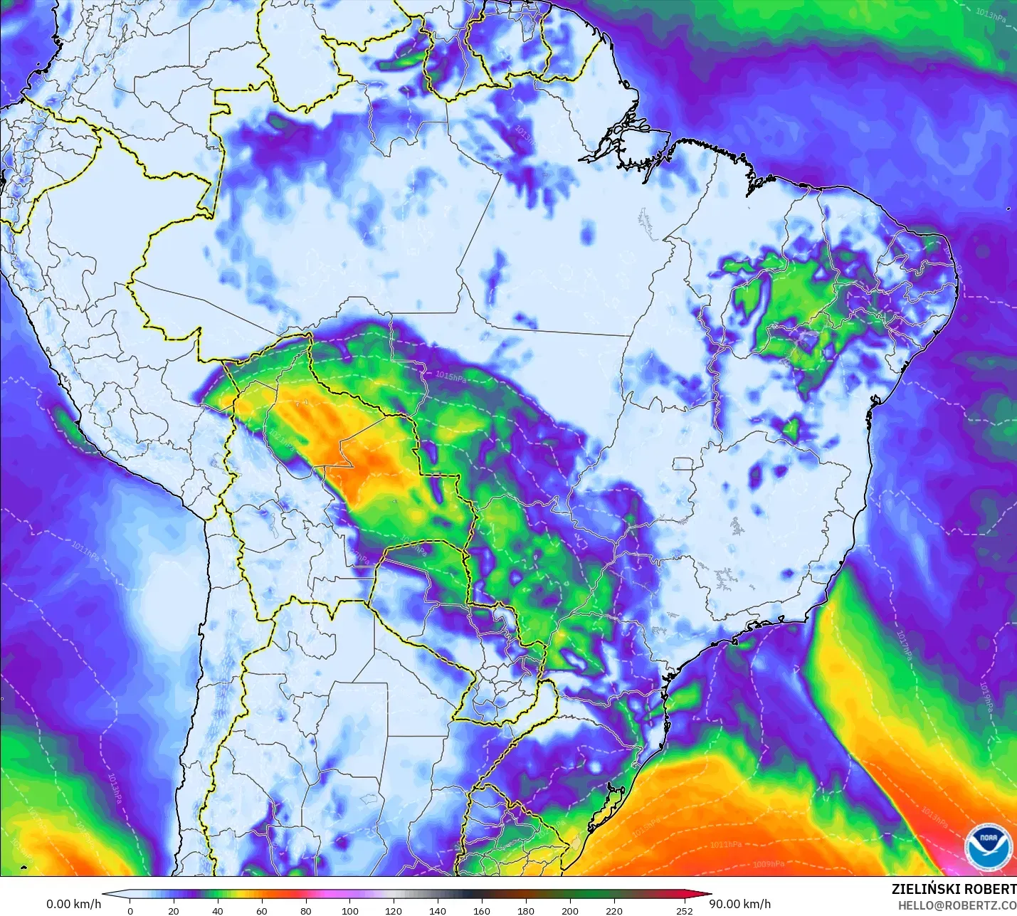 GFS modelo - Brasil, Ráfagas de viento
