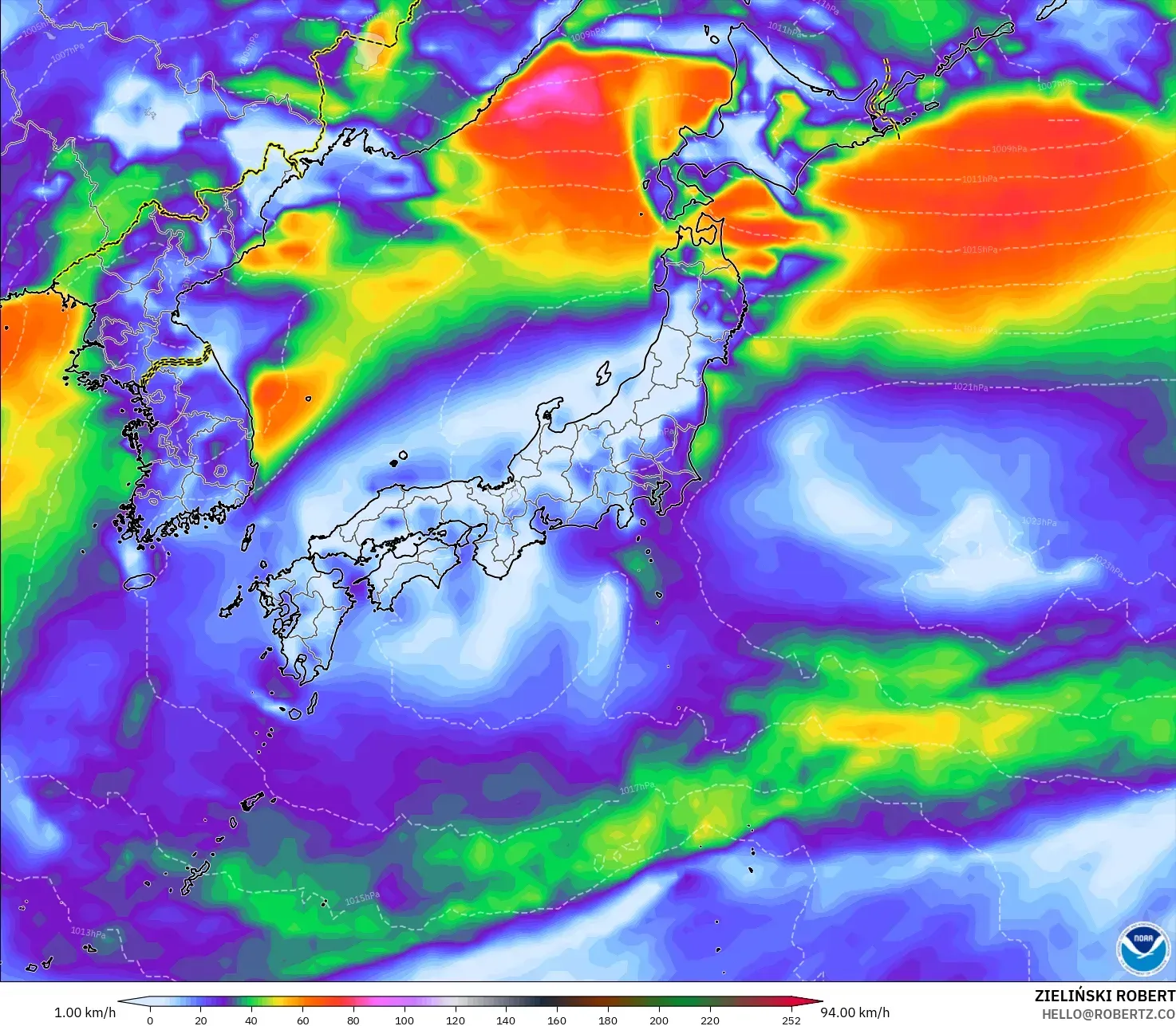 GFS modelo - Japón, Ráfagas de viento