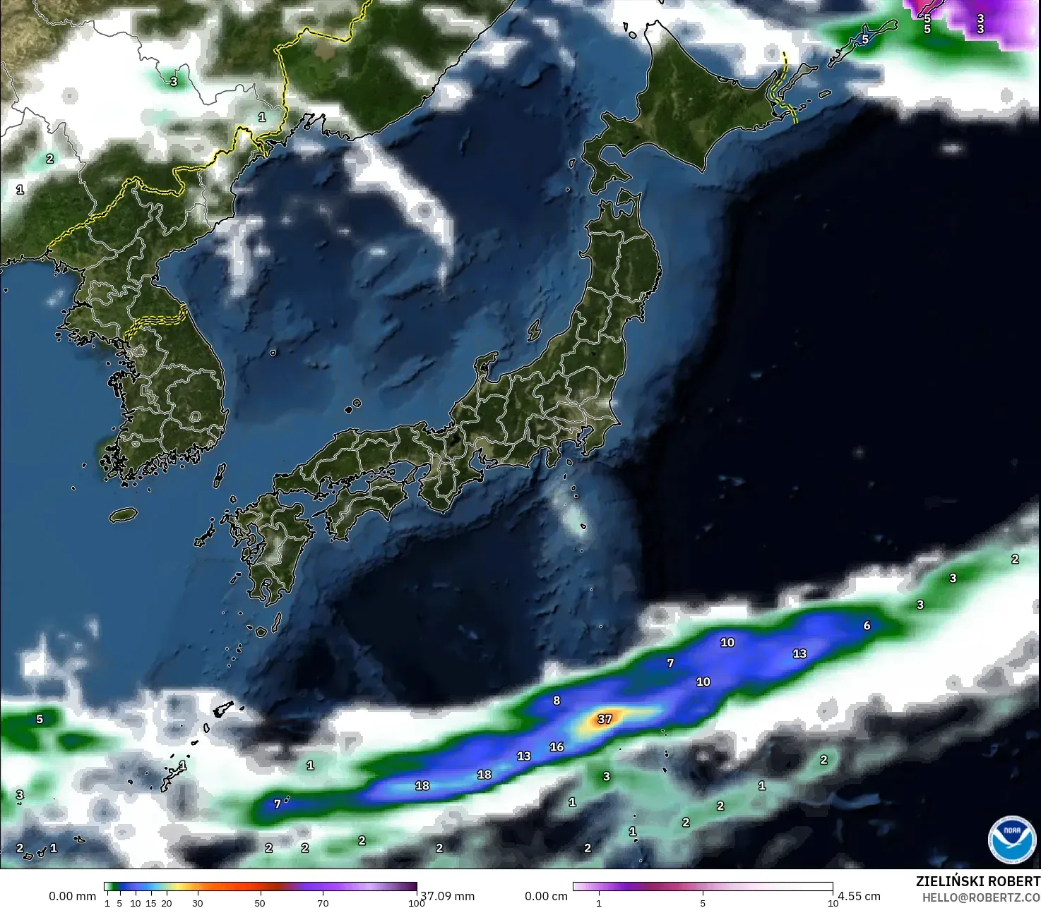 GFS modelo - Japón, Precipitación, nubes y presión
