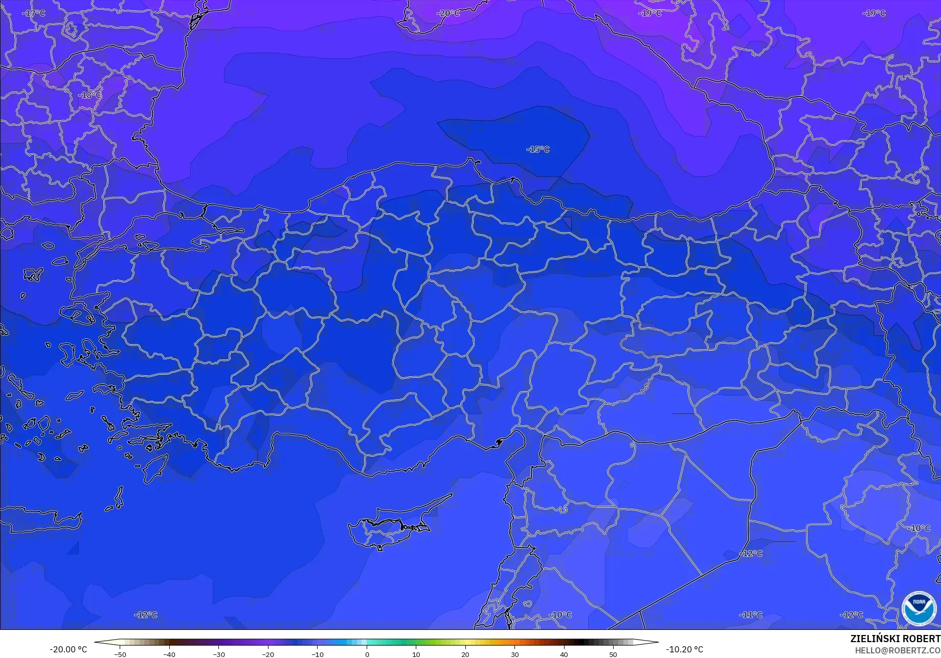 GFS modelo - Turquía, Temperatura a 500 hPa