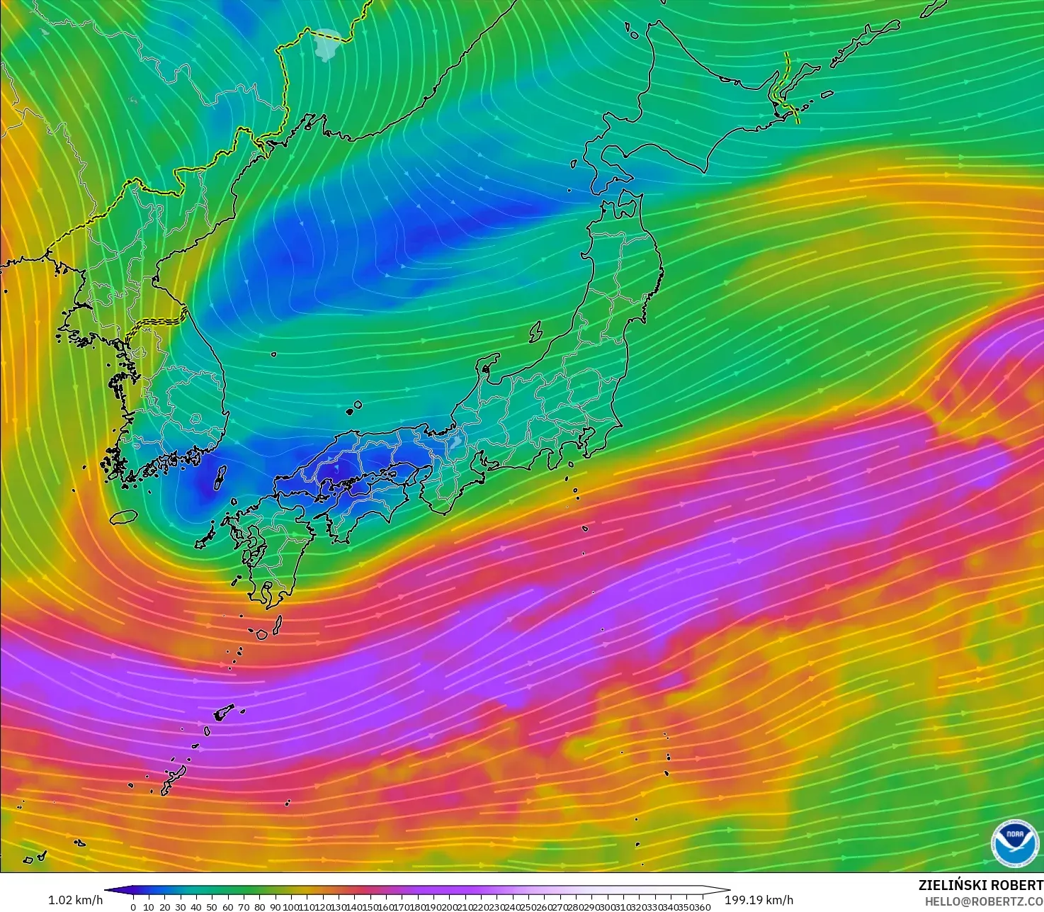 GFS modelo - Japón, Viento a 300 hPa (corriente en chorro)