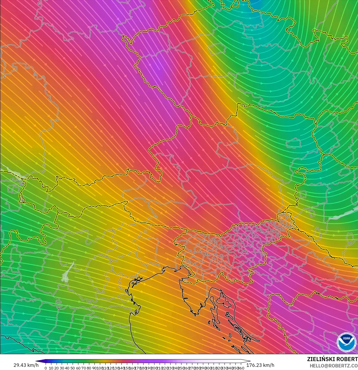 GFS modelo - Austria, Viento a 300 hPa (corriente en chorro)