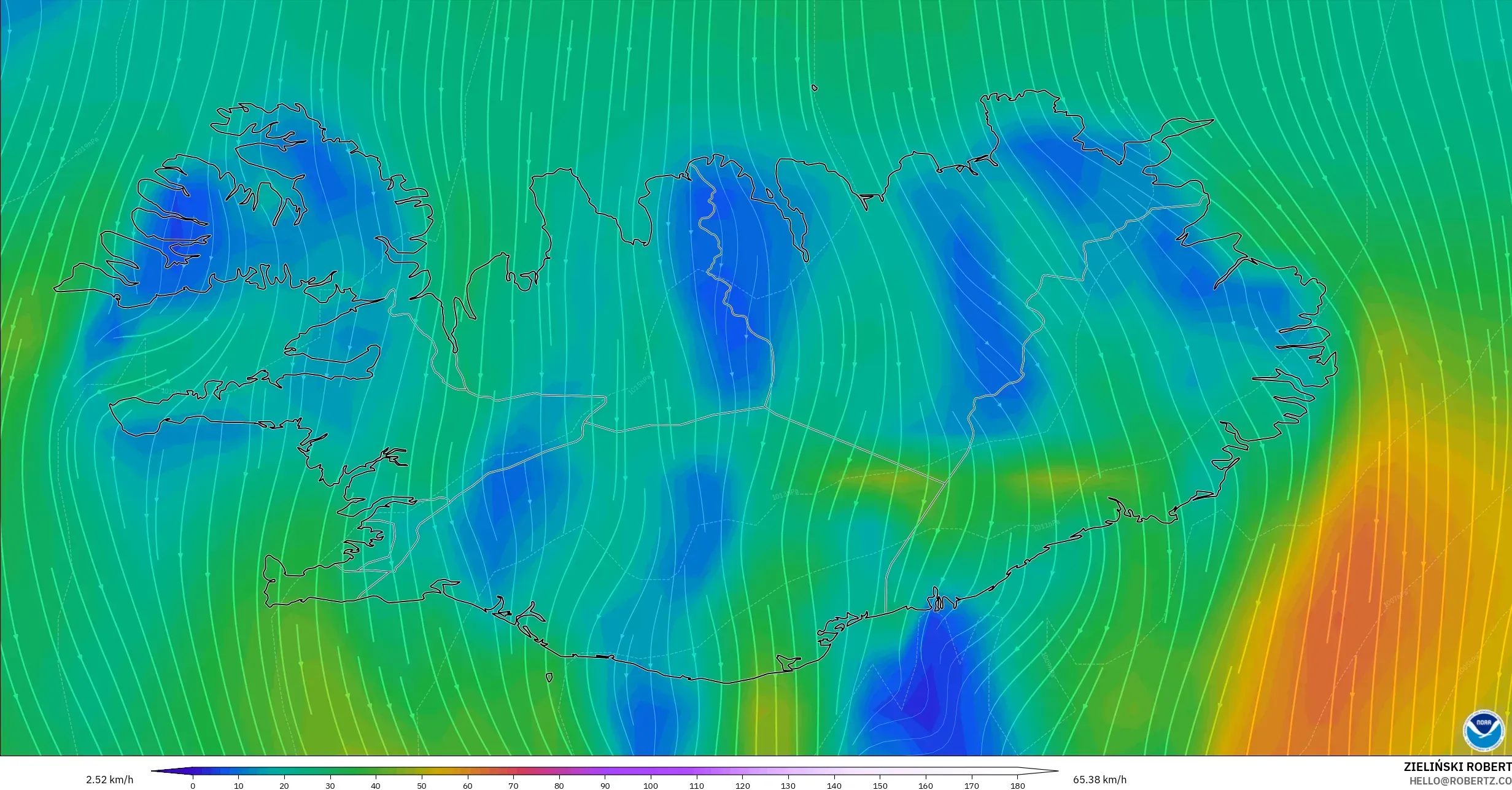 GFS modelo - Islandia, Viento a 10 m