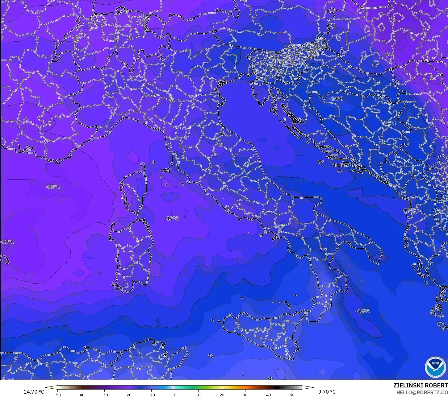 GFS modelo - Italia, Temperatura a 500 hPa