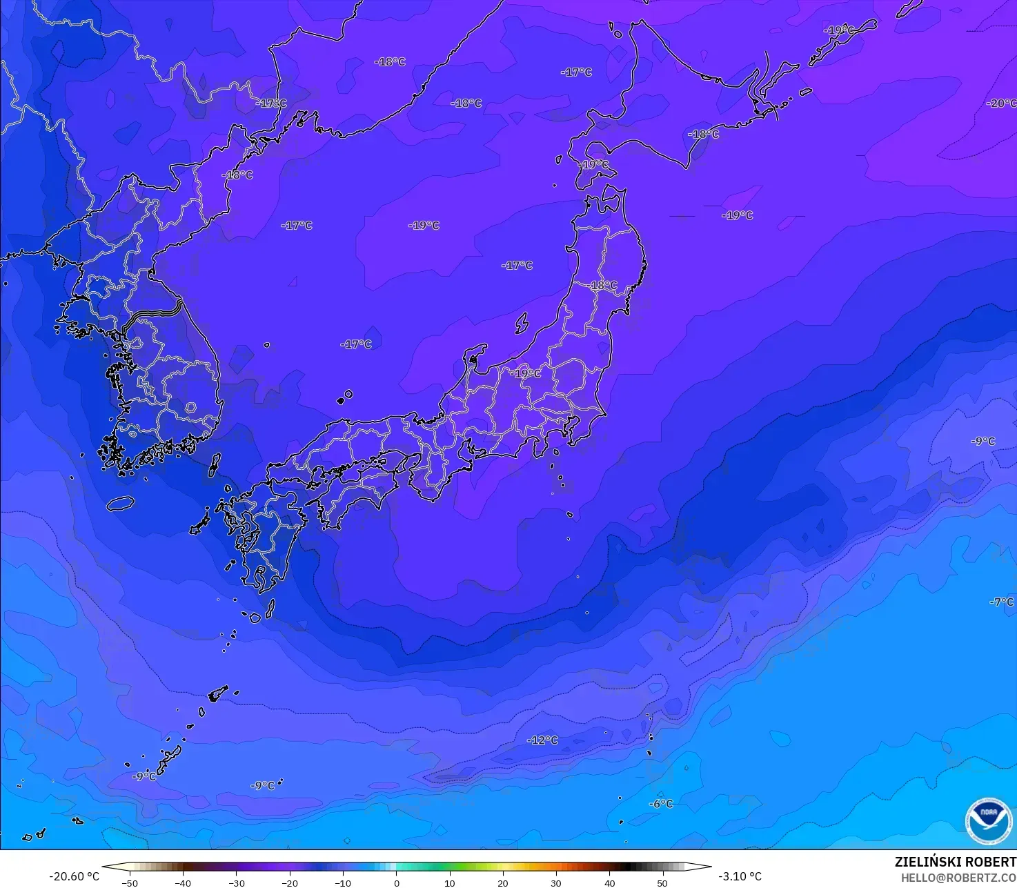 GFS modelo - Japón, Temperatura a 500 hPa