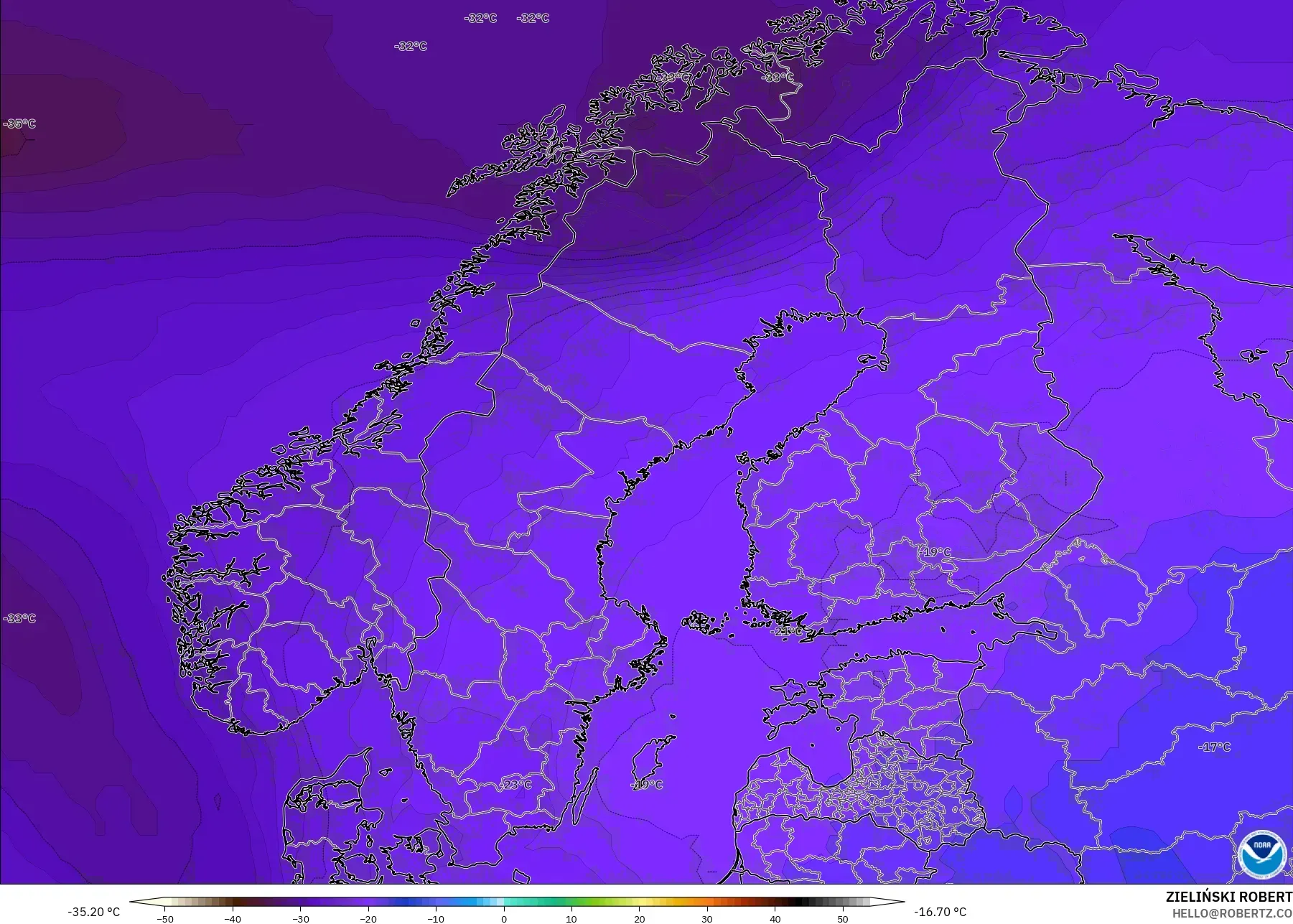GFS modelo - Escandinavia, Temperatura a 500 hPa