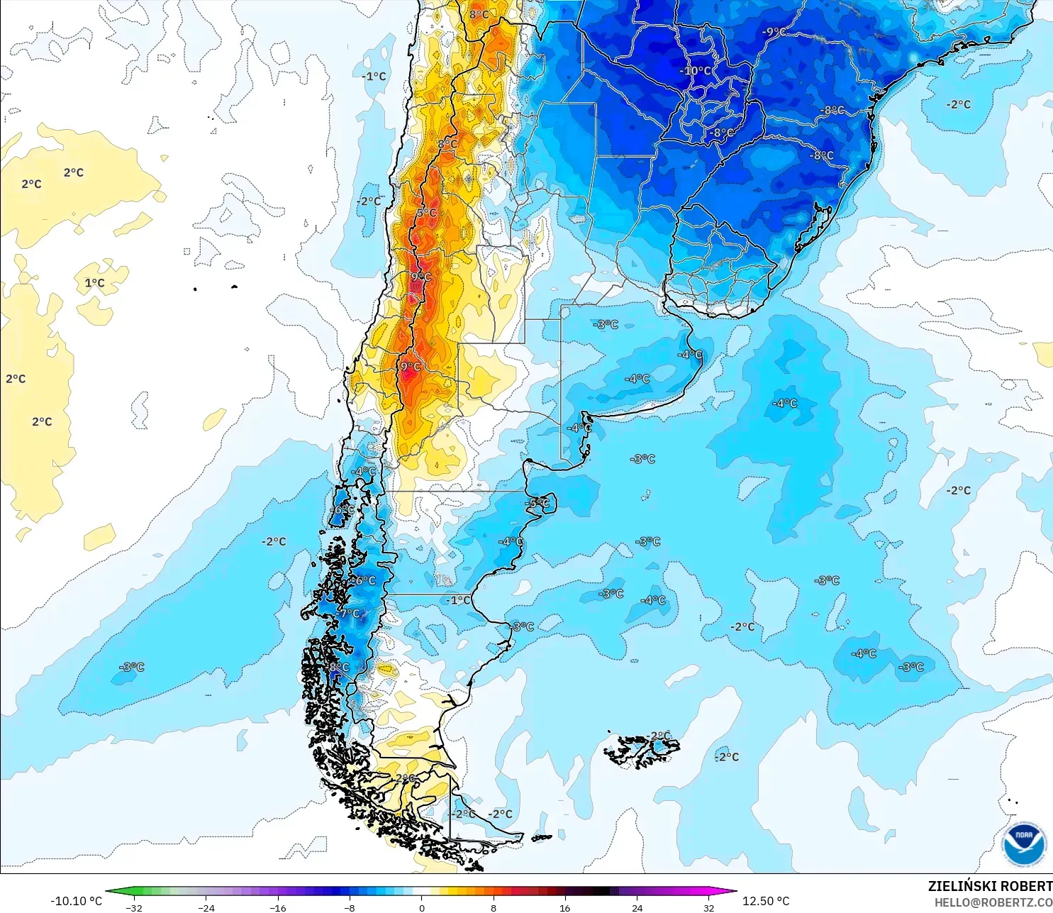 GFS modelo - Argentina, Anomalía de temperatura a 2 m