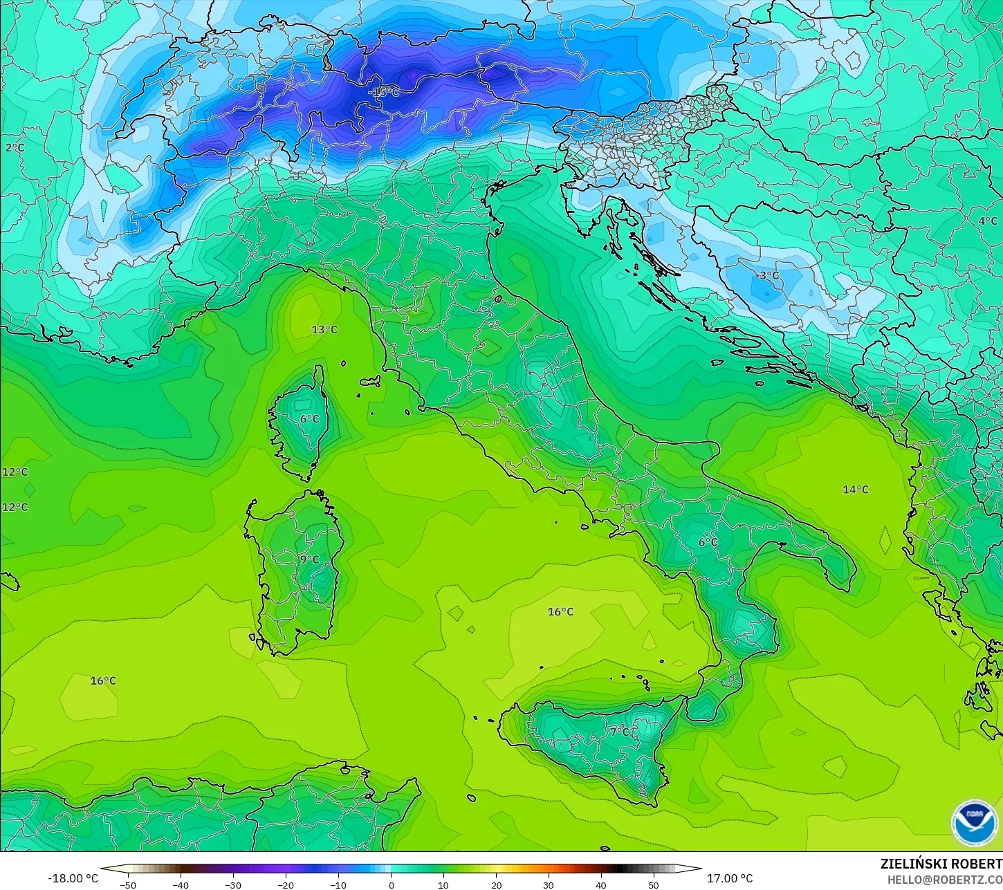 GFS modelo - Italia, Punto de rocío a 2 m