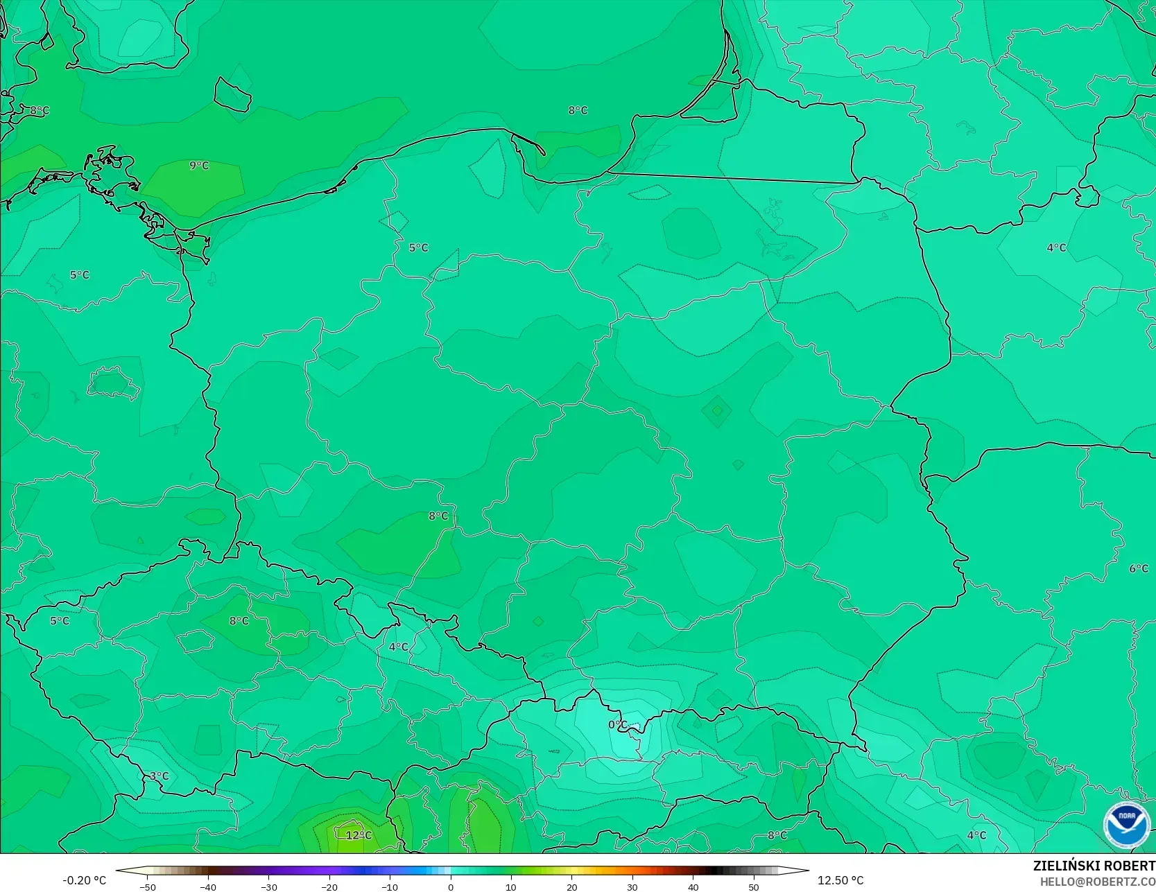 GFS modelo - Polonia, Temperatura a 2 m