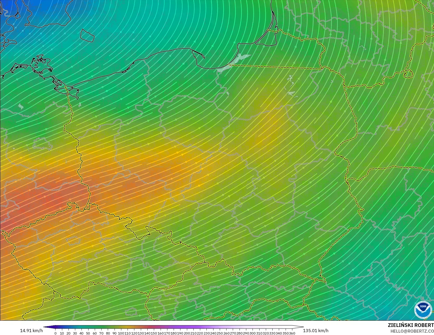 GFS modelo - Polonia, Viento a 300 hPa (corriente en chorro)