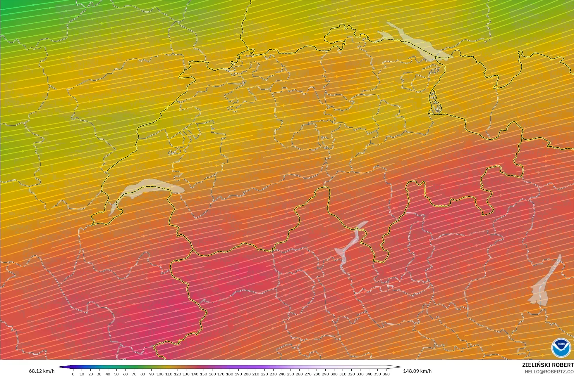 GFS modelo - Suiza, Viento a 300 hPa (corriente en chorro)