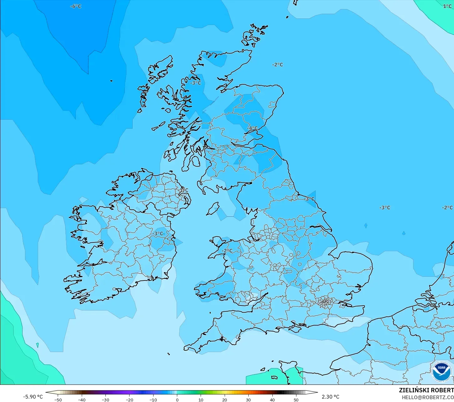 GFS modelo - Reino Unido, Temperatura a 850 hPa
