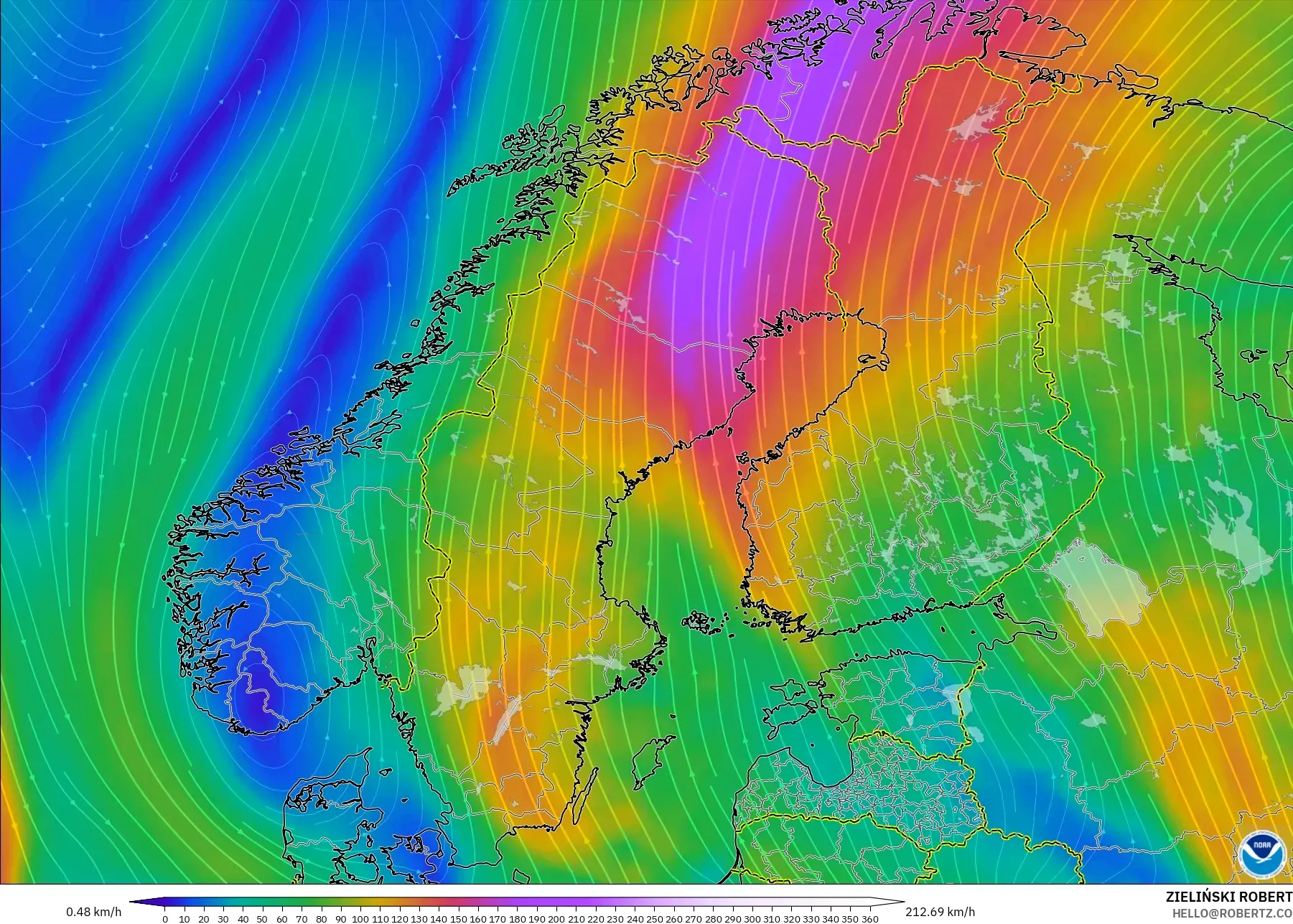 GFS modelo - Escandinavia, Viento a 300 hPa (corriente en chorro)