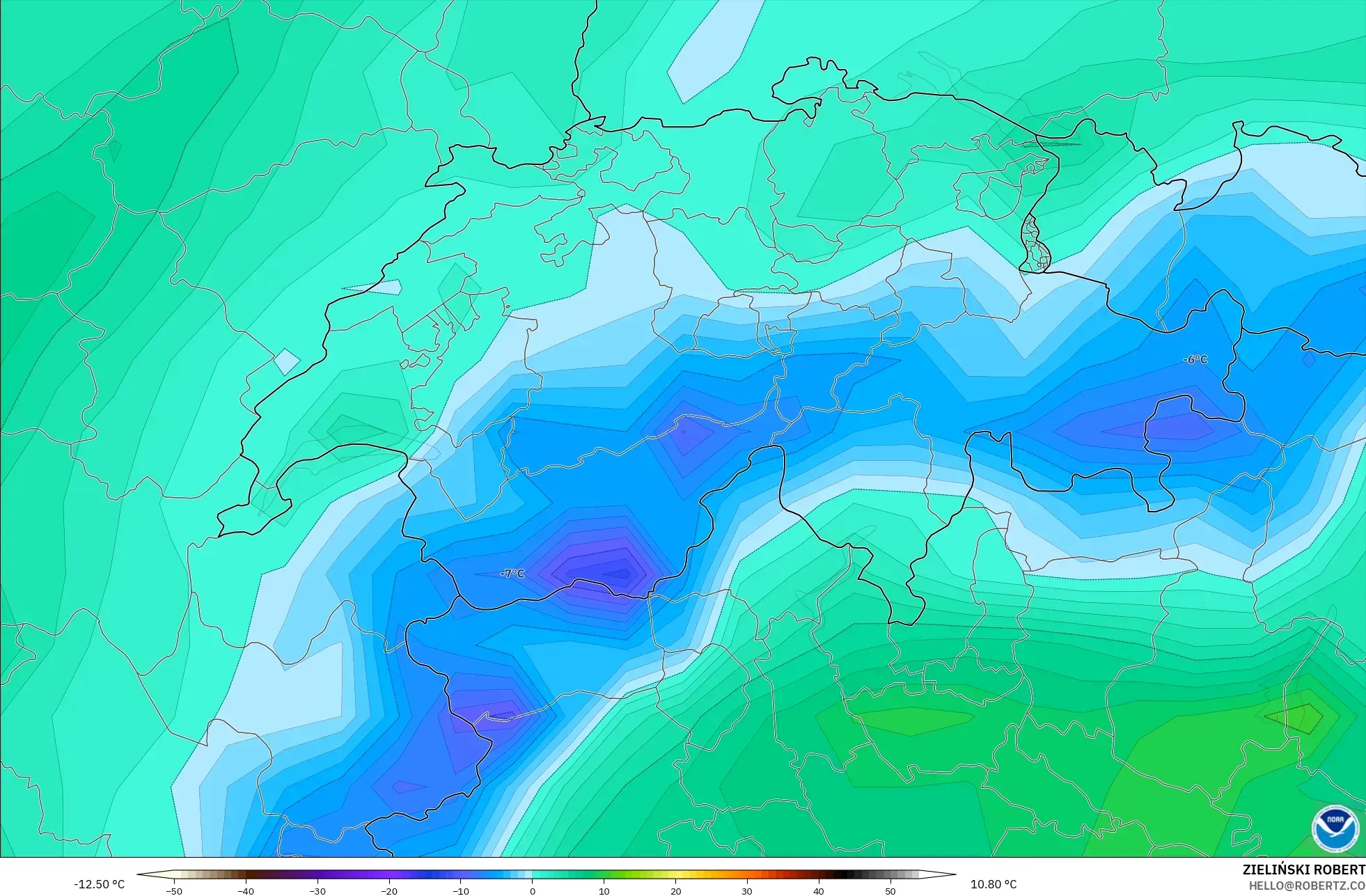 GFS modelo - Suiza, Temperatura a 2 m