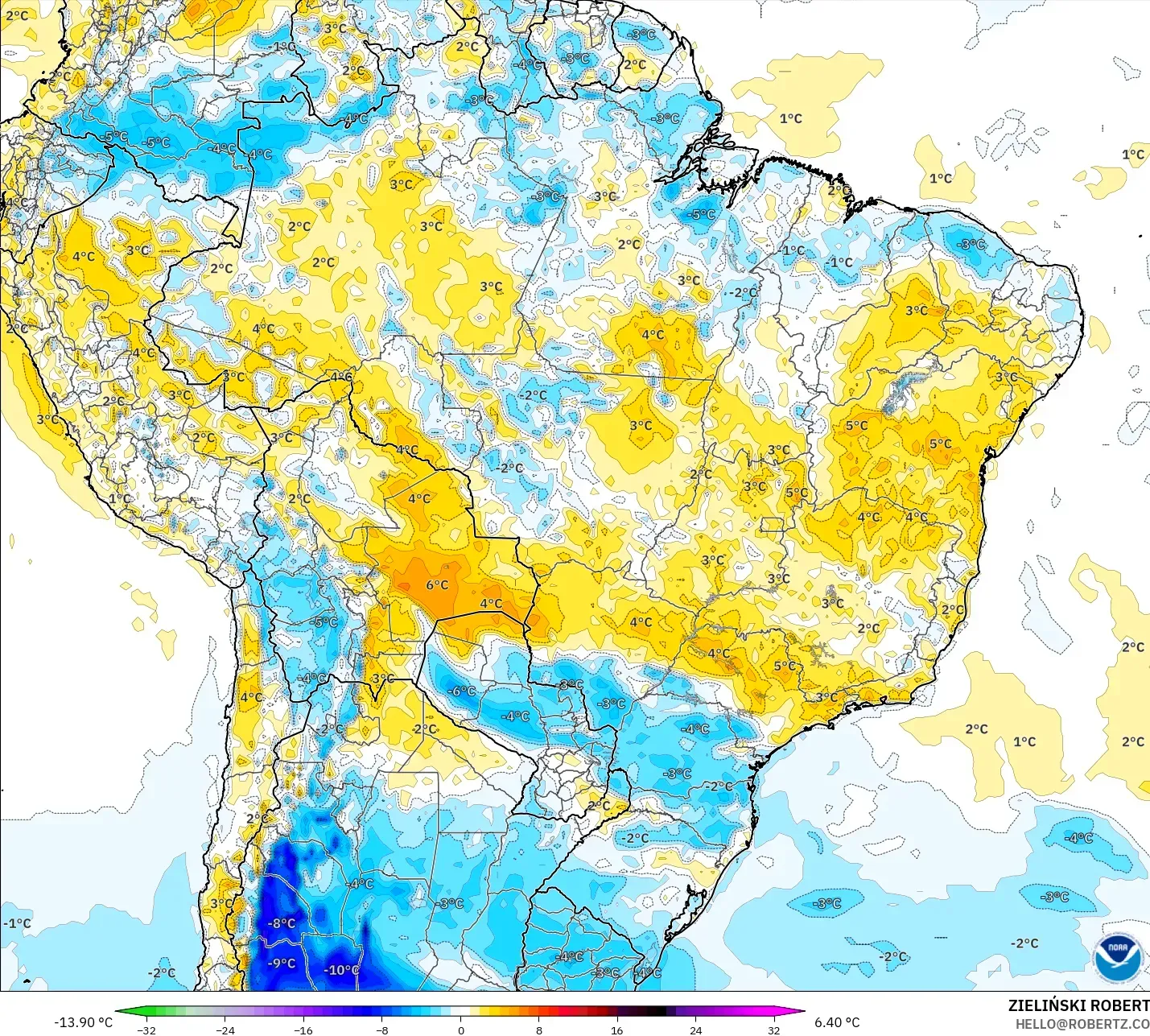 GFS modelo - Brasil, Anomalía de temperatura a 2 m