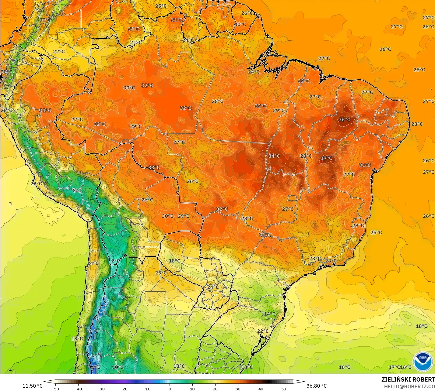 GFS modelo - Brasil, Temperatura a 2 m