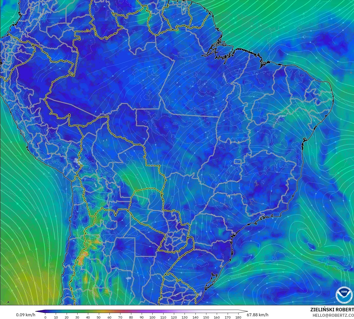 GFS modelo - Brasil, Viento a 10 m