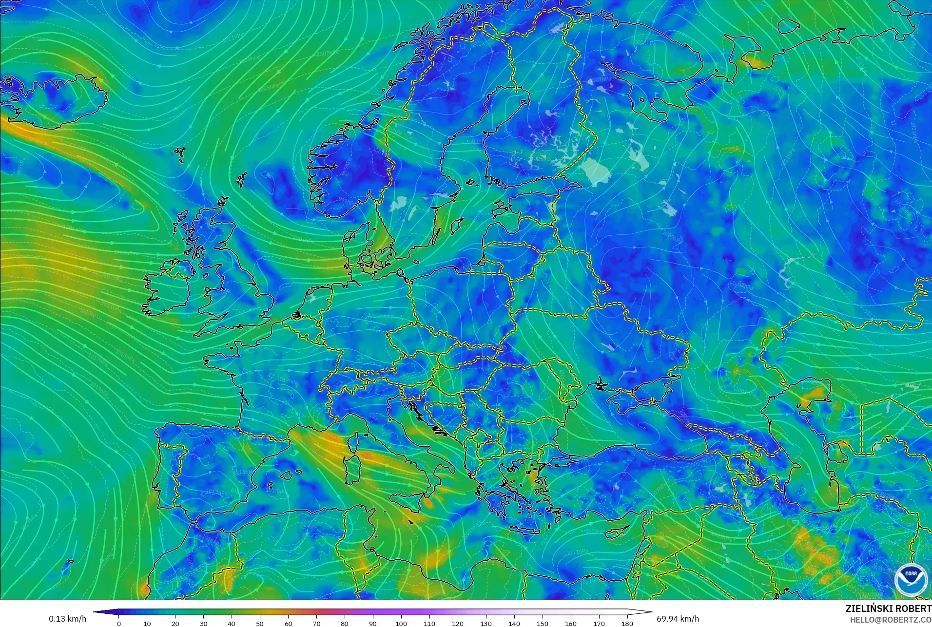 GFS modelo - Europa, Viento a 10 m
