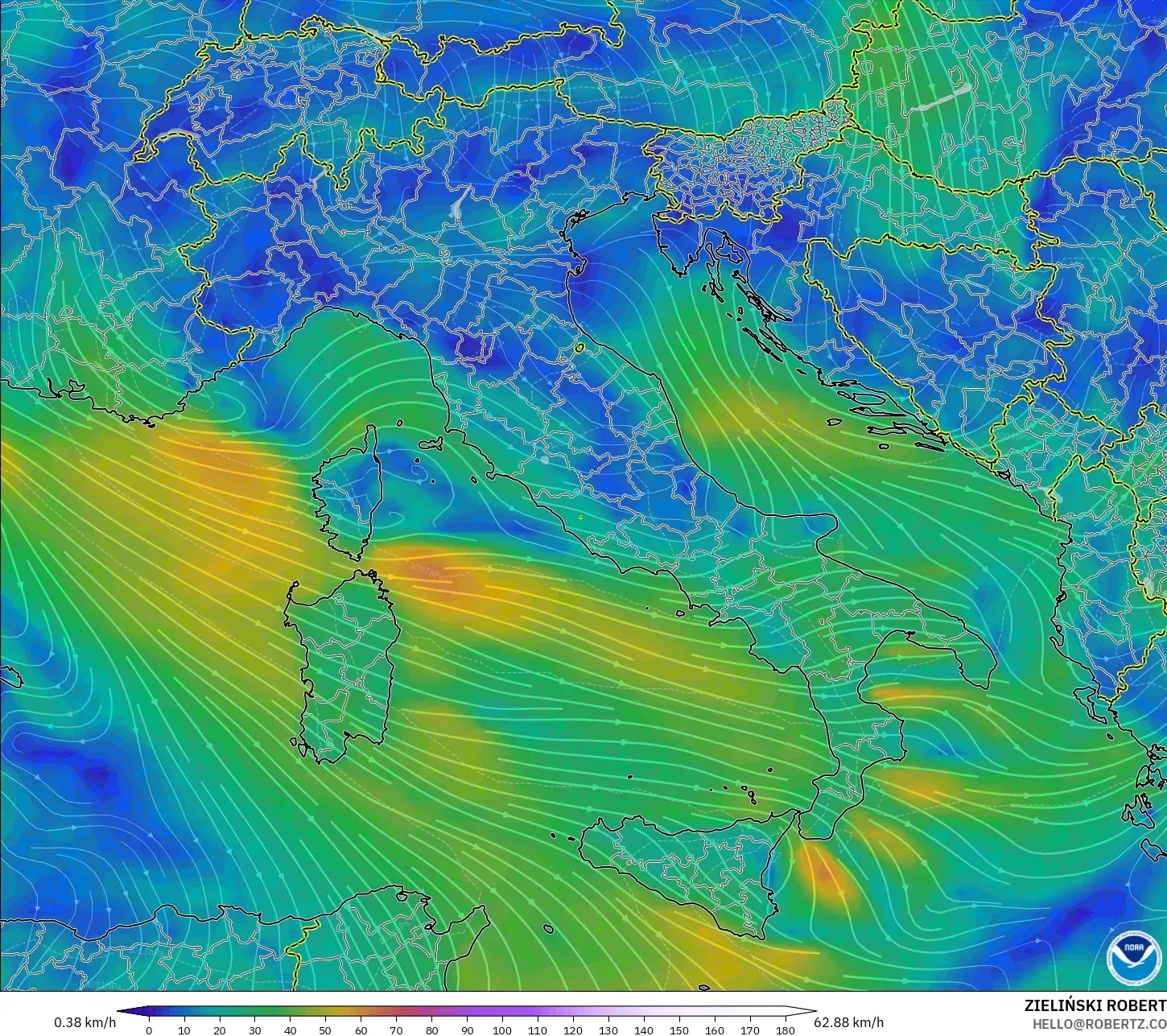 GFS modelo - Italia, Viento a 10 m