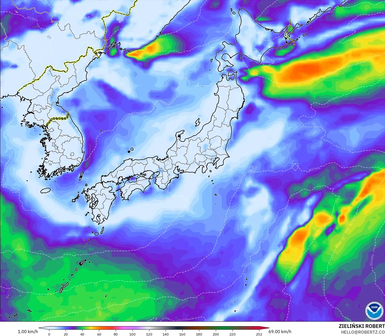 GFS modelo - Japón, Ráfagas de Viento Máximas