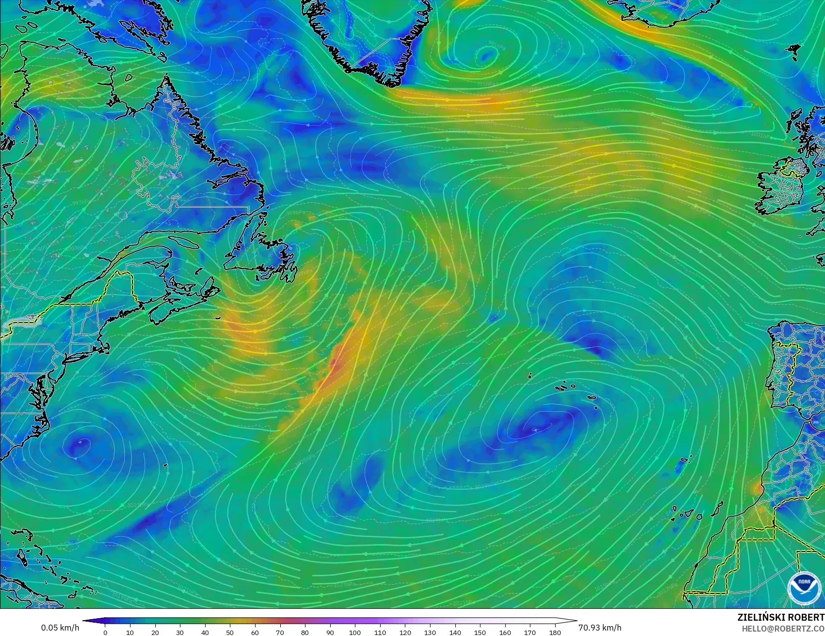 GFS modelo - Norte Atlántico, Viento a 10 m
