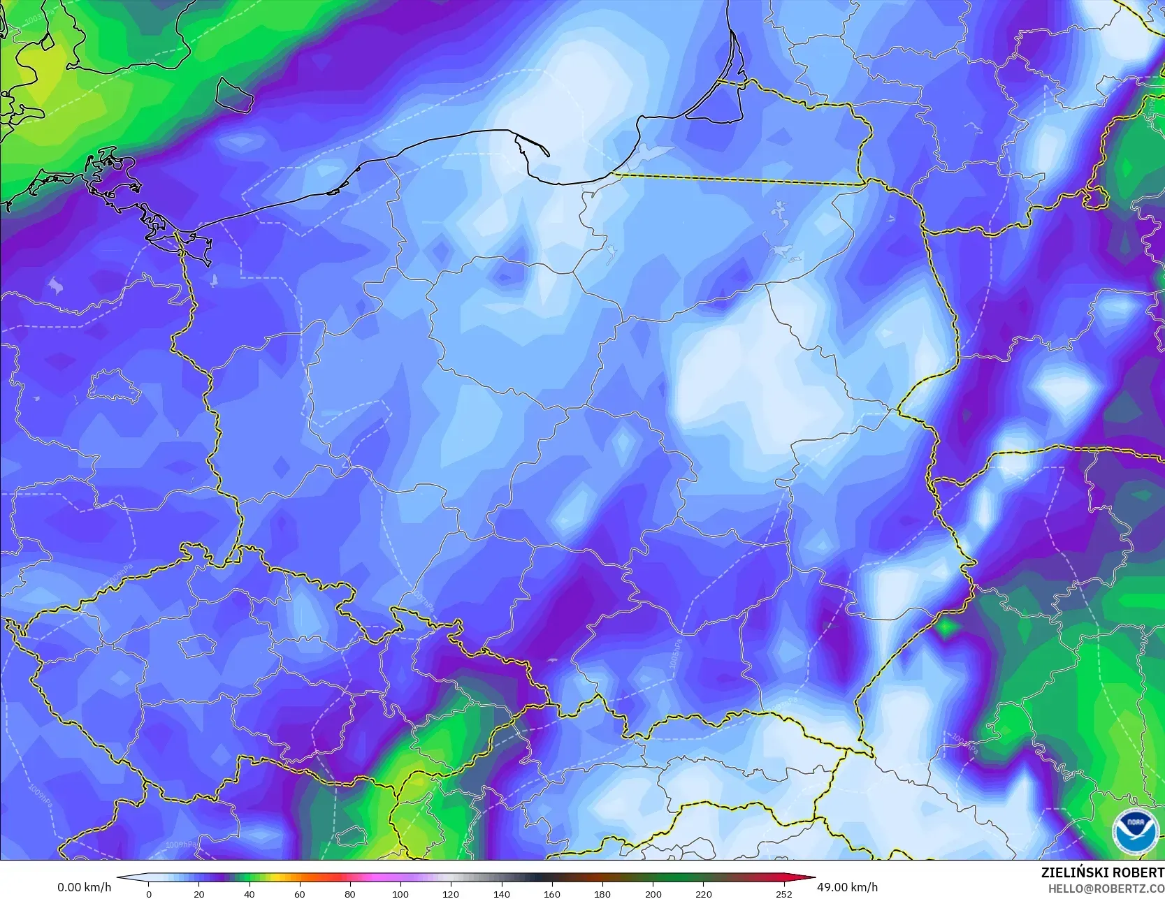 GFS modelo - Polonia, Ráfagas de Viento Máximas