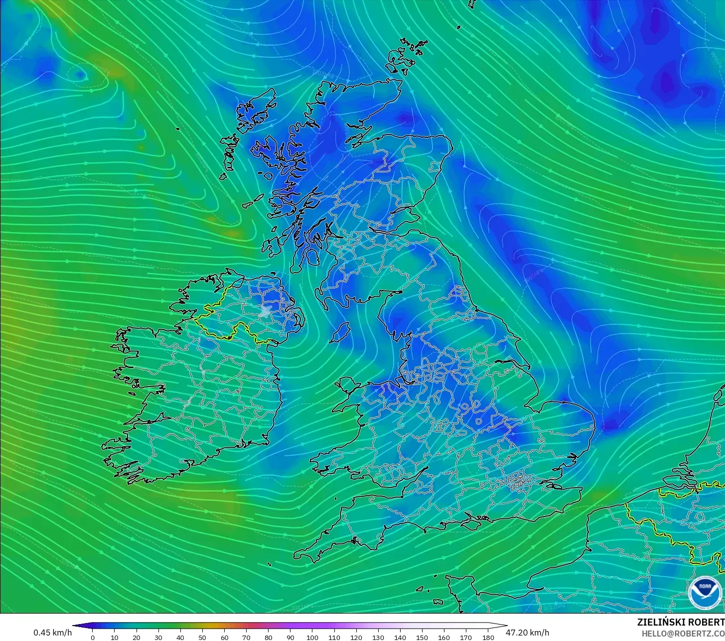 GFS modelo - Reino Unido, Viento a 10 m