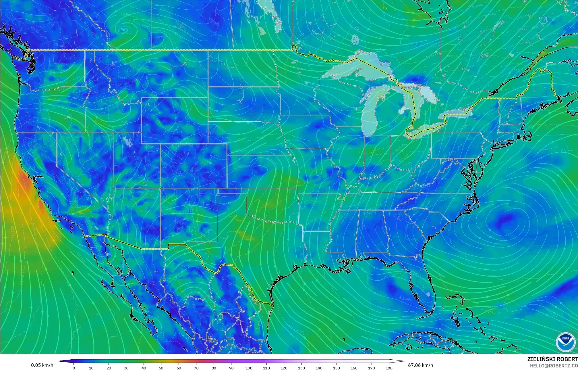 GFS modelo - Estados Unidos, Viento a 10 m