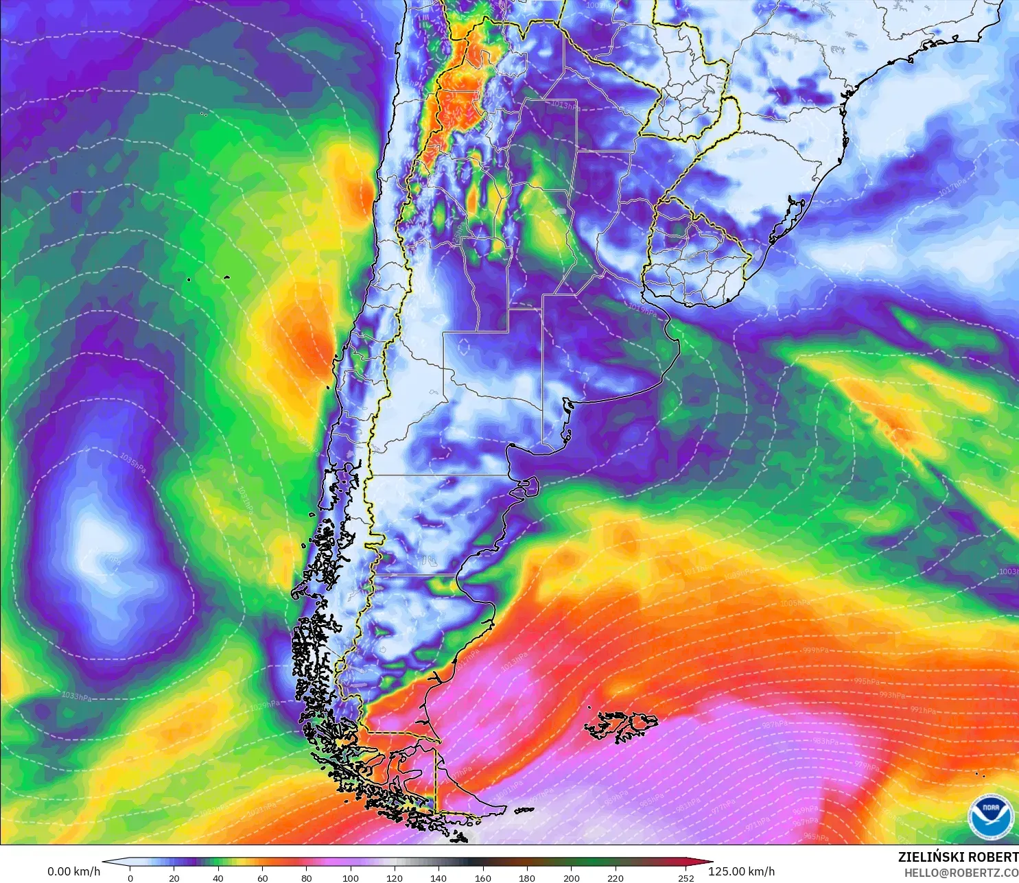 GFS modelo - Argentina, Ráfagas de Viento Máximas