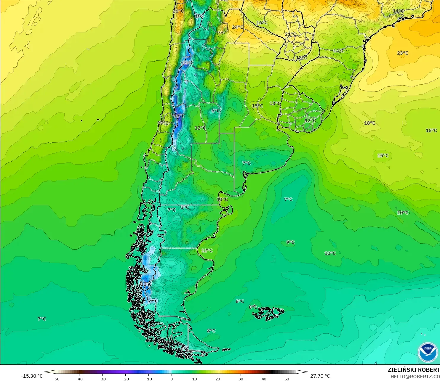 GFS modelo - Argentina, Temperatura a 2 m