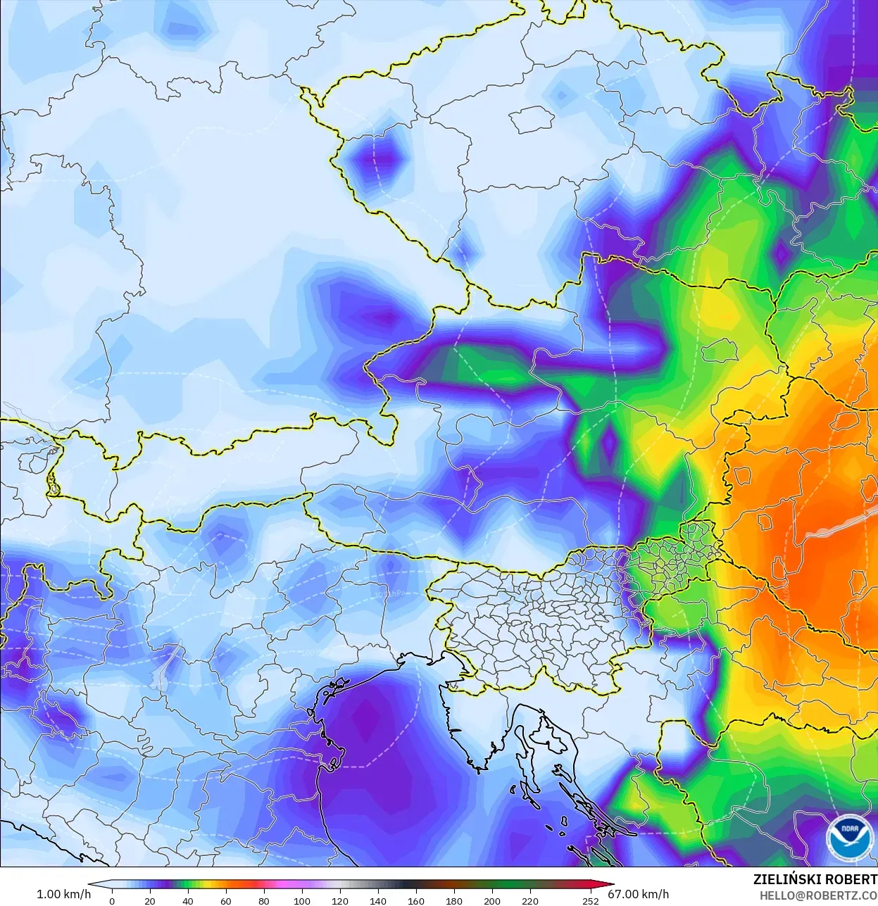 GFS modelo - Austria, Ráfagas de Viento Máximas