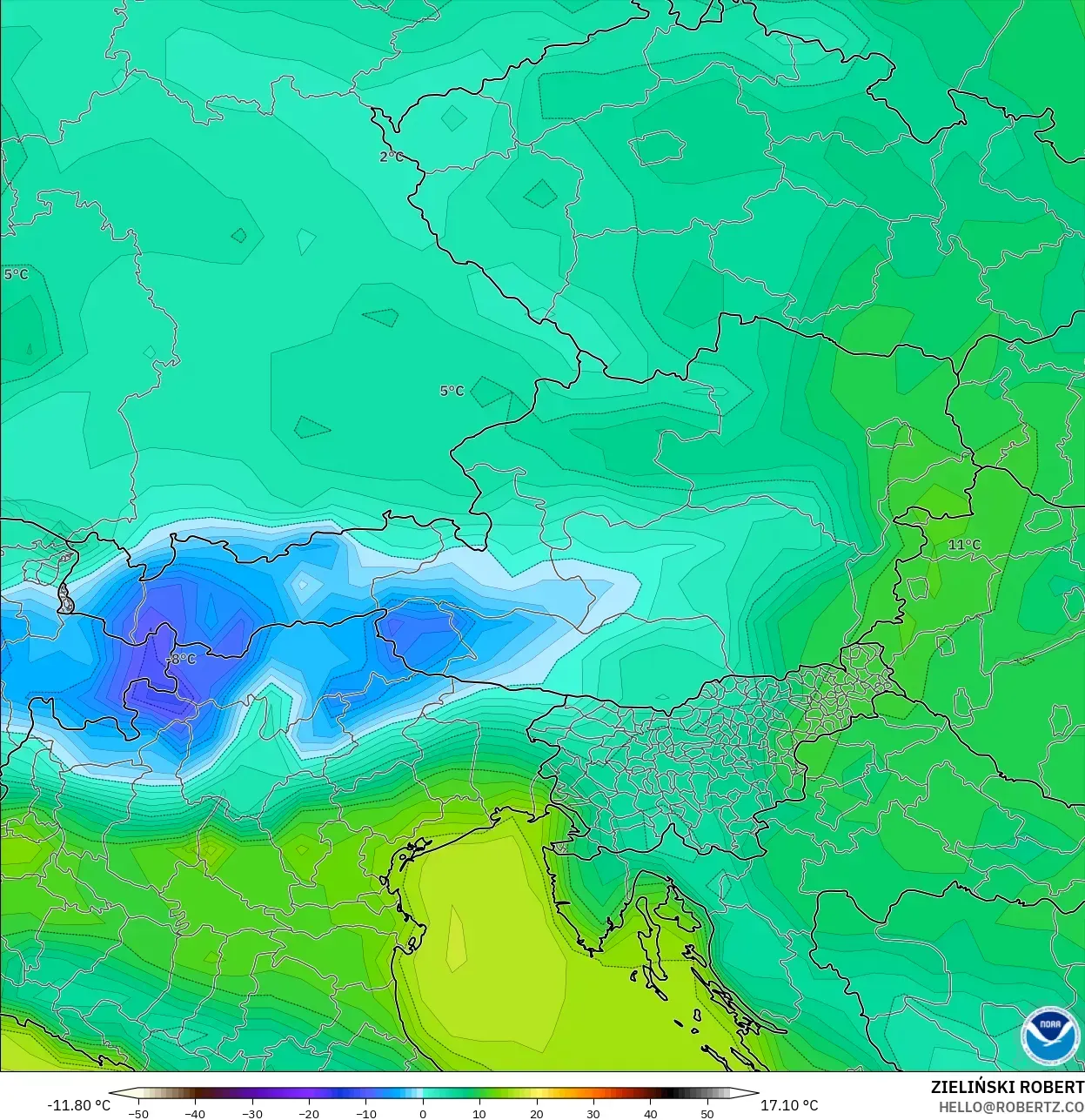 GFS modelo - Austria, Temperatura a 2 m