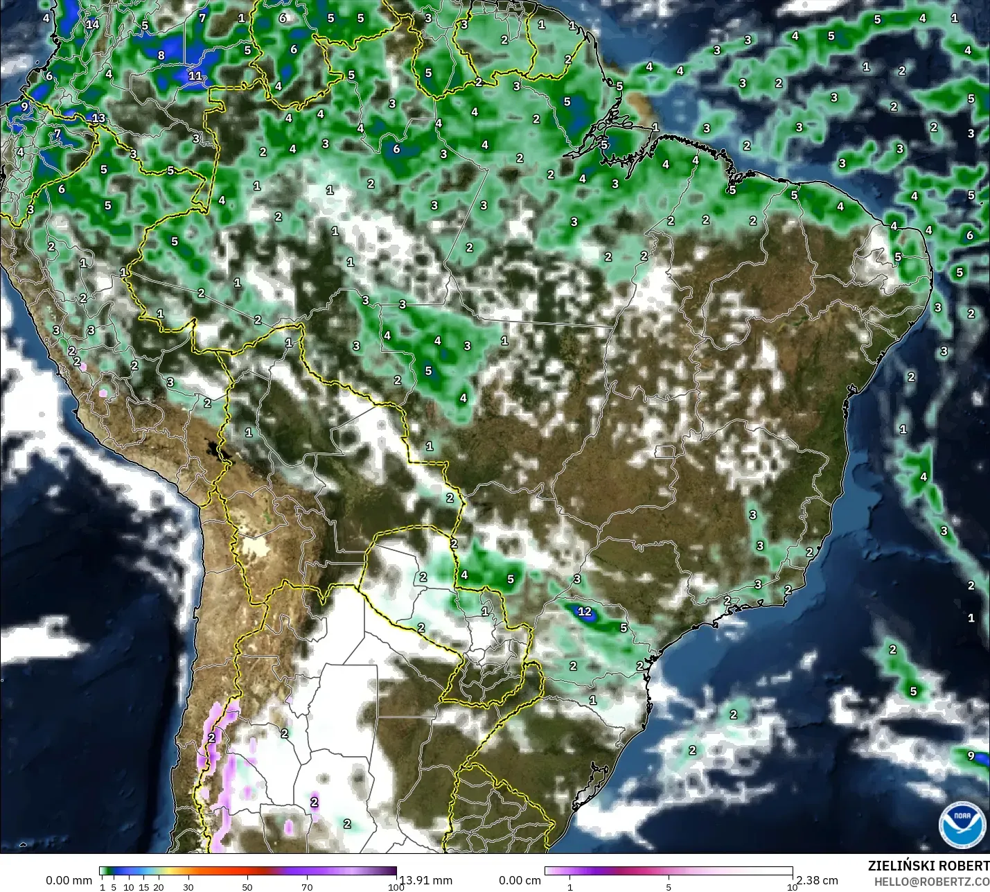 GFS modelo - Brasil, Precipitación, nubes y presión