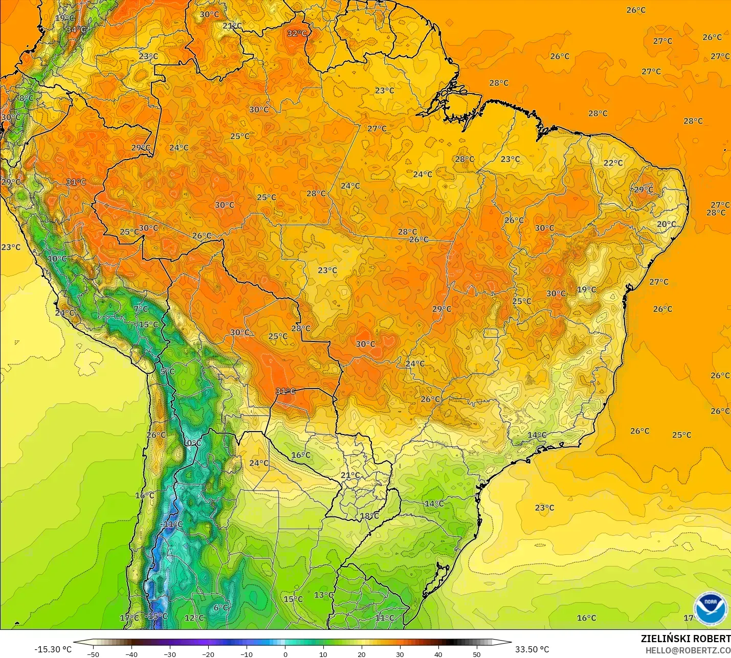 GFS modelo - Brasil, Temperatura a 2 m