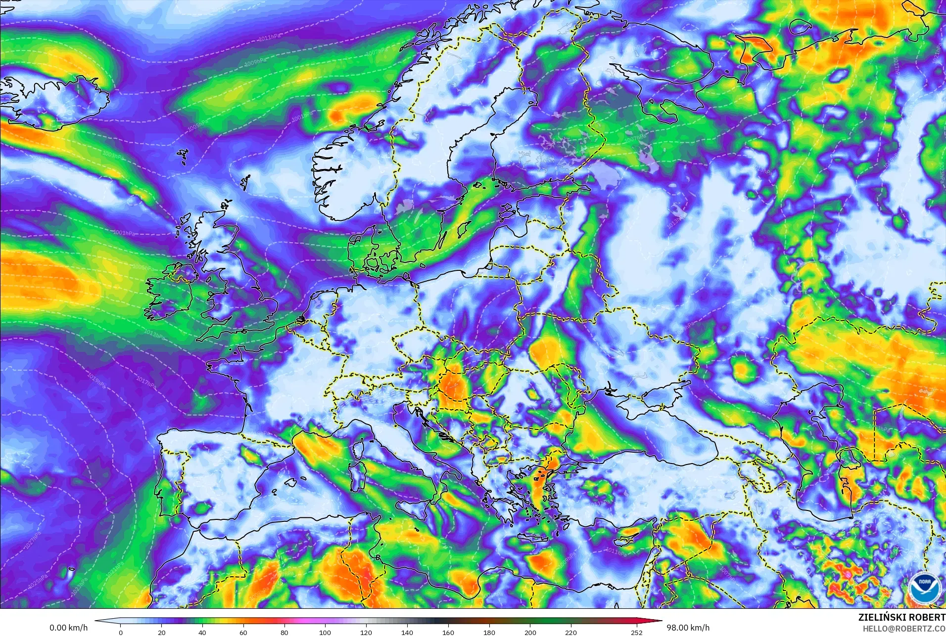 GFS modelo - Europa, Ráfagas de Viento Máximas