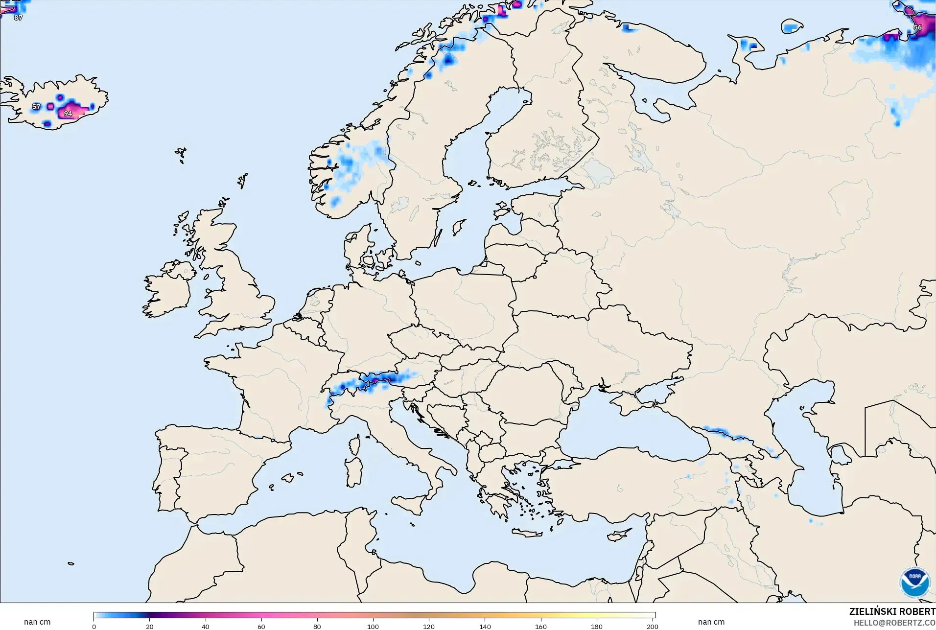 GFS modelo - Europa, Profundidad de nieve