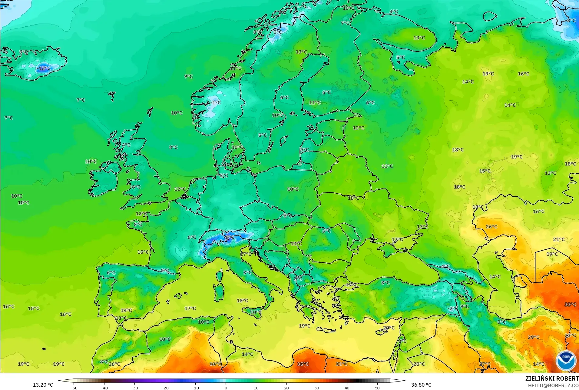 GFS modelo - Europa, Temperatura a 2 m