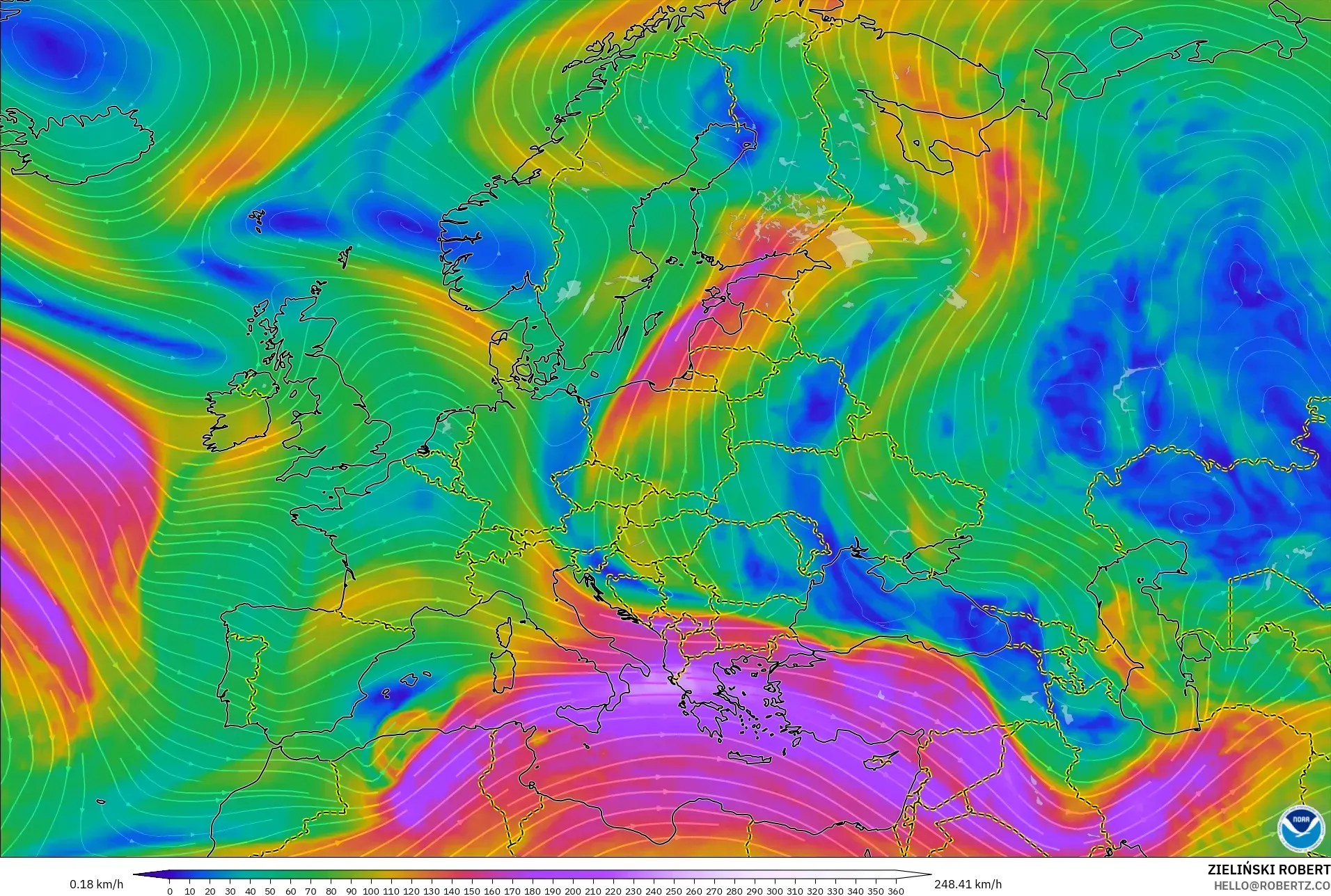 GFS modelo - Europa, Viento a 300 hPa (corriente en chorro)