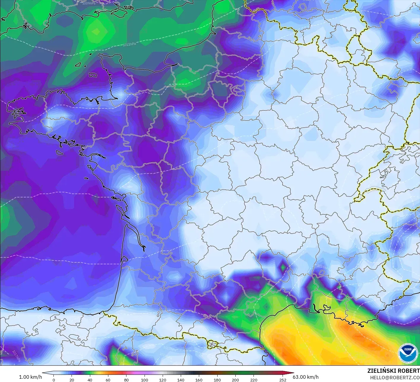GFS modelo - Francia, Ráfagas de Viento Máximas