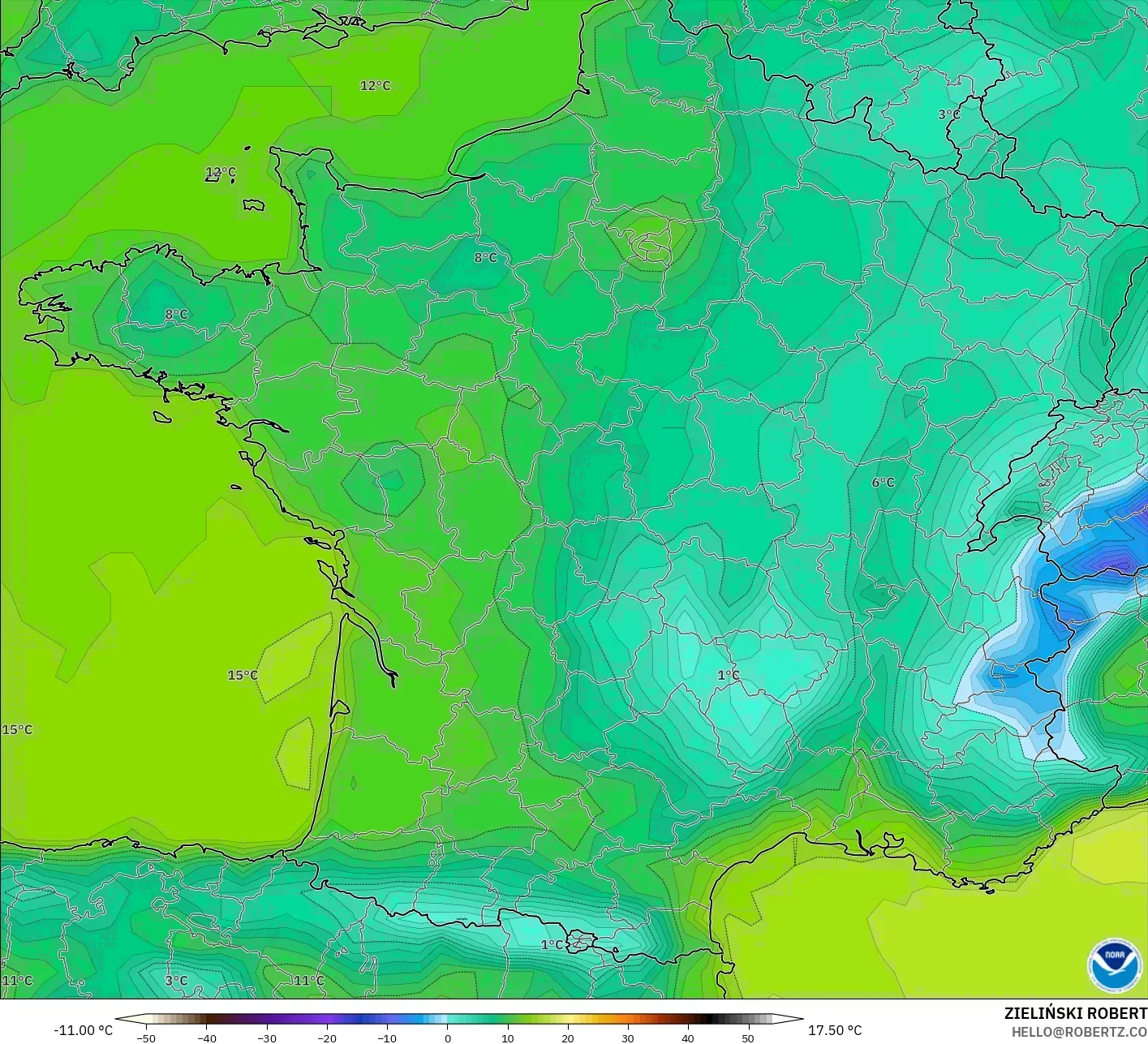 GFS modelo - Francia, Temperatura a 2 m