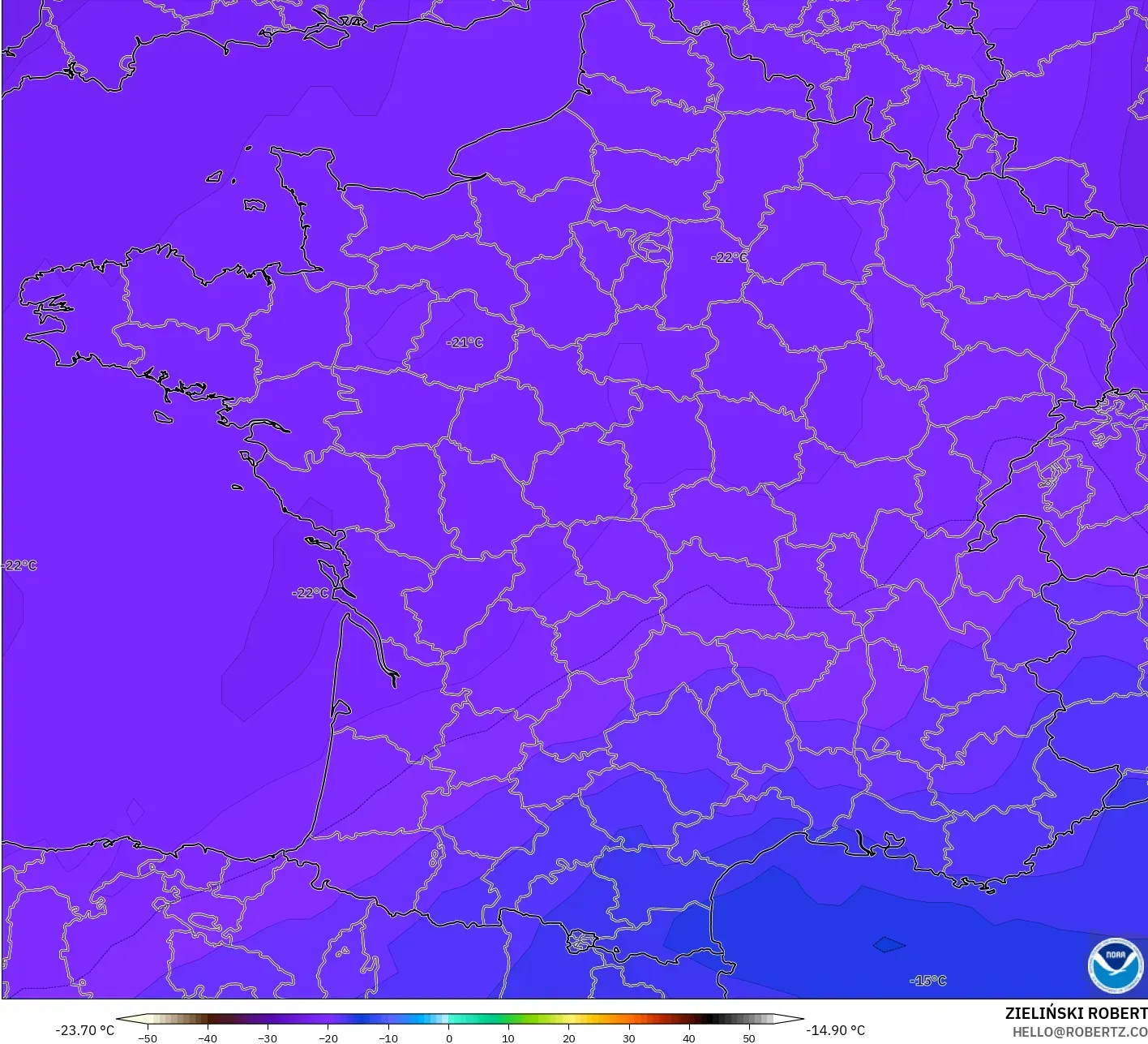 GFS modelo - Francia, Temperatura a 500 hPa