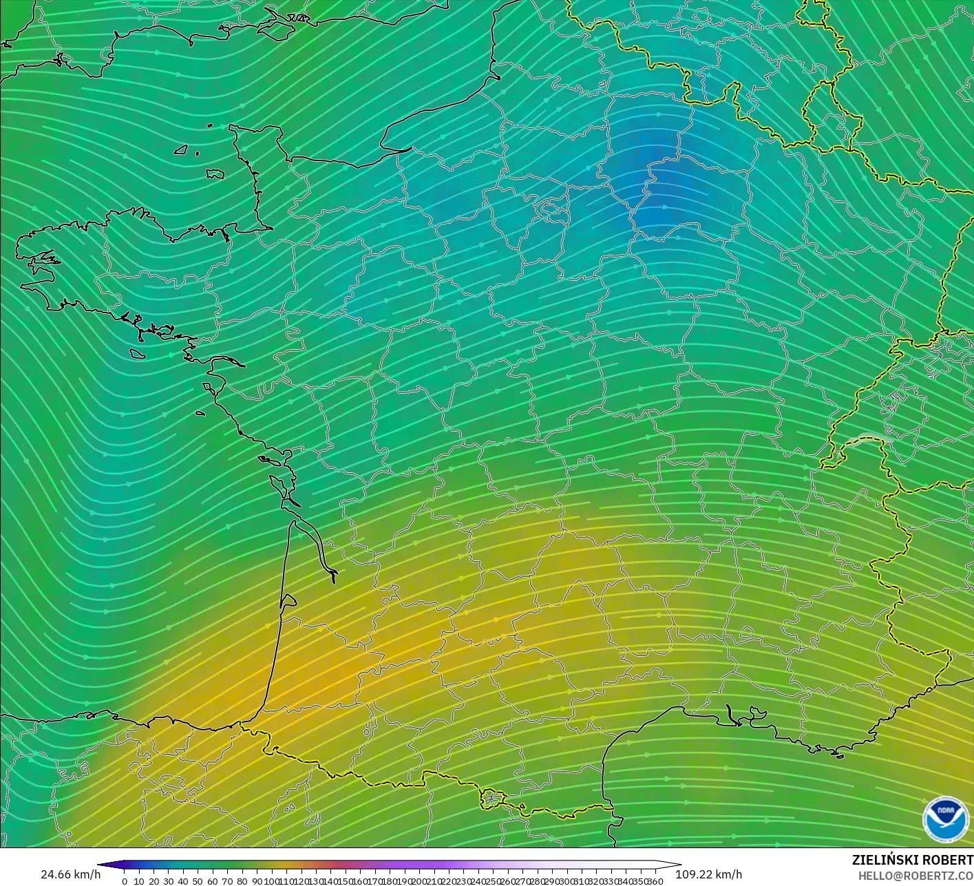 GFS modelo - Francia, Viento a 300 hPa (corriente en chorro)