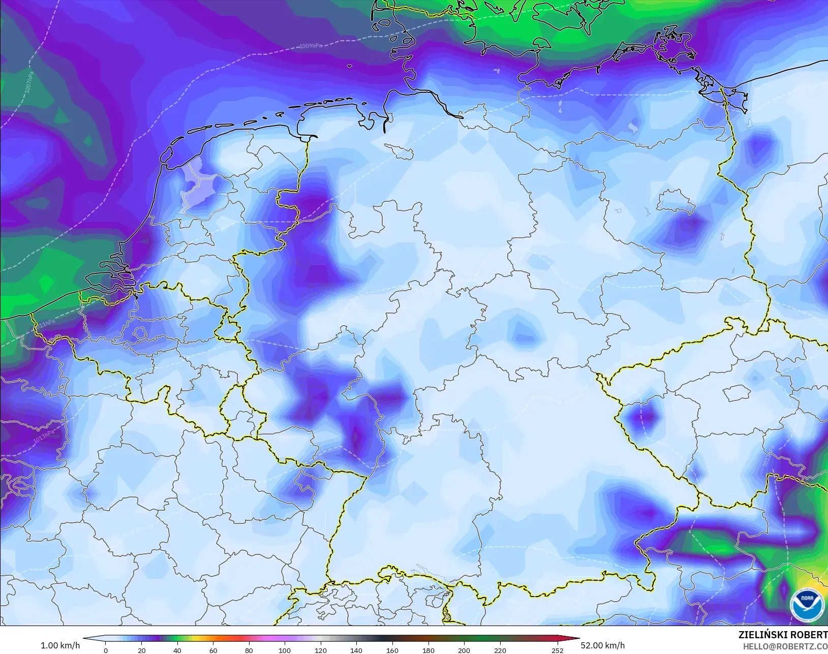 GFS modelo - Alemania, Ráfagas de Viento Máximas